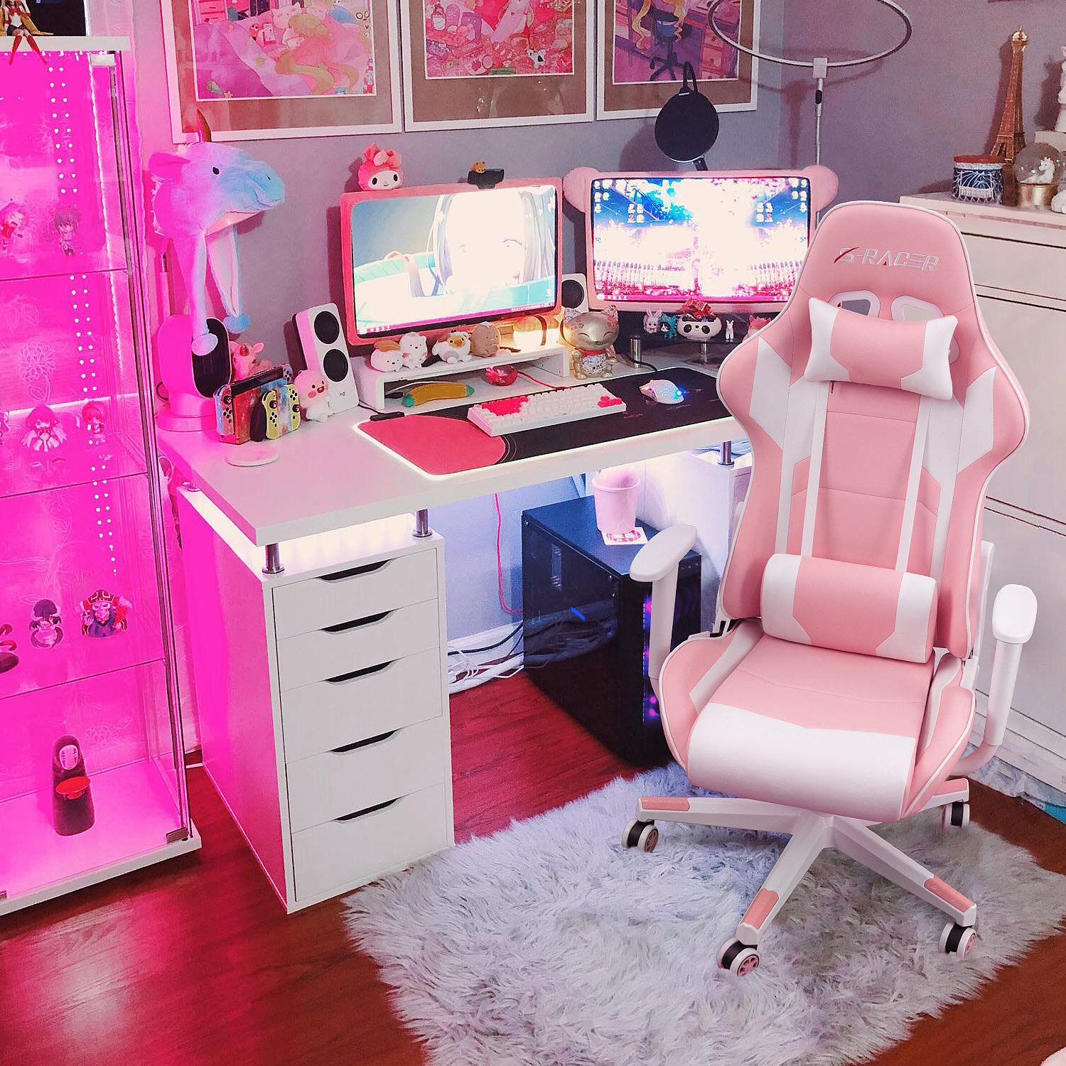 Homall Ergonomic Gaming Chair - High Back Office Chair with Adjustable Headrest & Lumbar Support, Leather Computer Desk Chair for Racing Style Executive Workstation (Pink) - Perfect for Gamers, Home Office & Streaming Setup