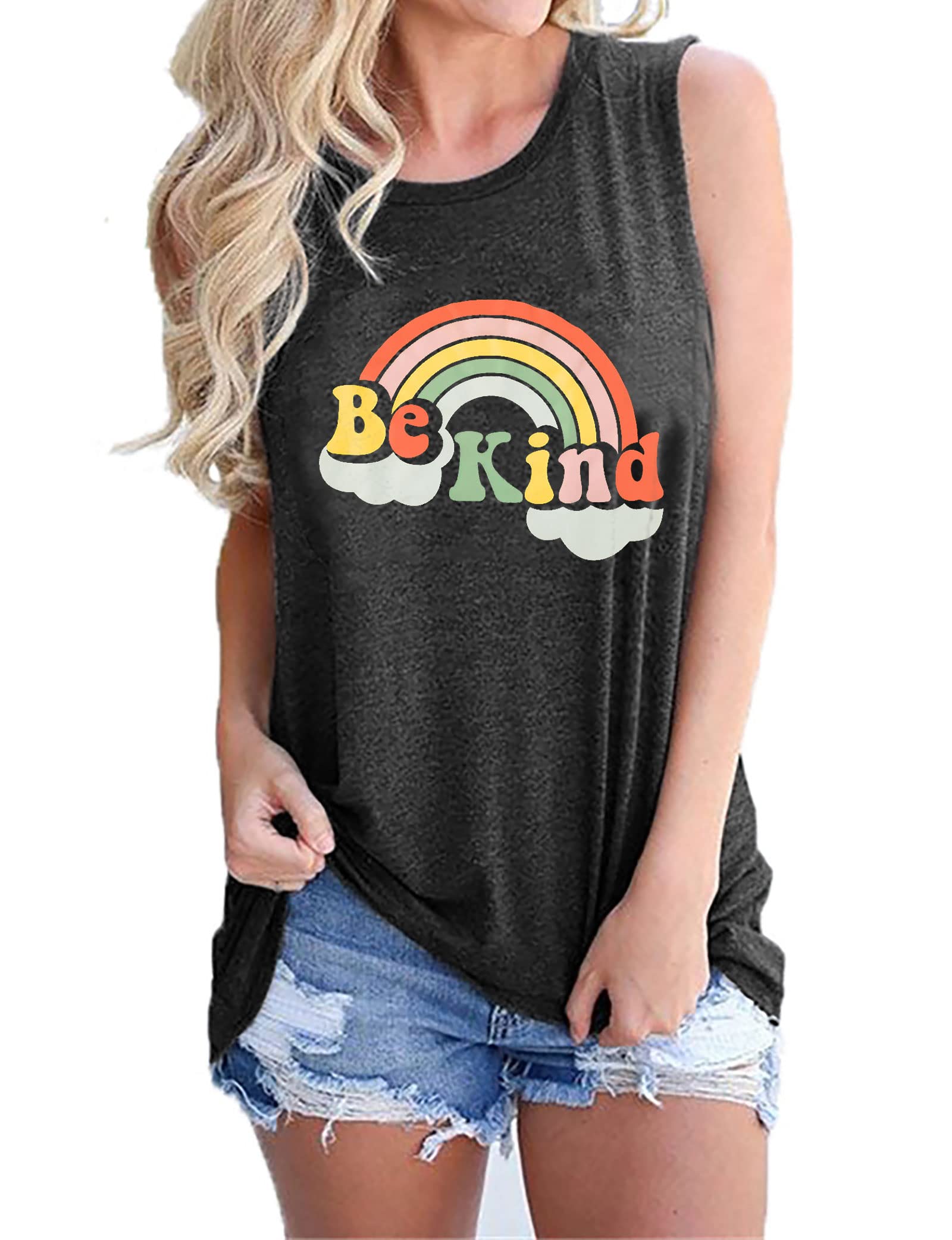Be Kind Tank Tops for Women - Cute Rainbow Graphic Sleeveless Shirts - Inspirational Teacher & Casual Summer Tops - Perfect for Classroom, Beach Outings & Everyday Wear