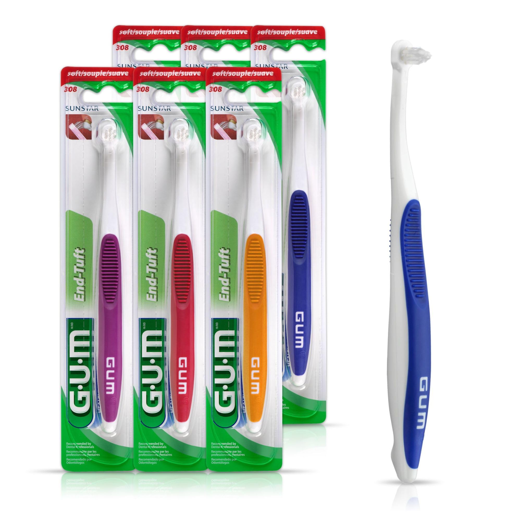GUM End Tuft Toothbrush - Extra Small Soft Bristle Toothbrush for Hard-to-Reach Areas, Implants, Back Teeth & Wisdom Teeth - Gentle Dental Care for Adults - Pack of 6 - Perfect for Travel, Daily Oral Hygiene & Post-Dental Surgery Care