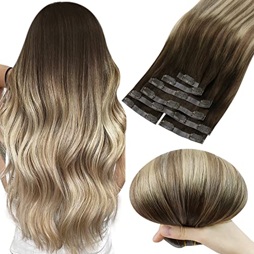 20 Inch 7-Piece 120g Sunny Seamless Clip-In Human Hair Extensions - Dark Brown to Golden Blonde Ombre with Platinum Blonde Highlights | Natural Look for Daily Wear, Parties & Special Occasions