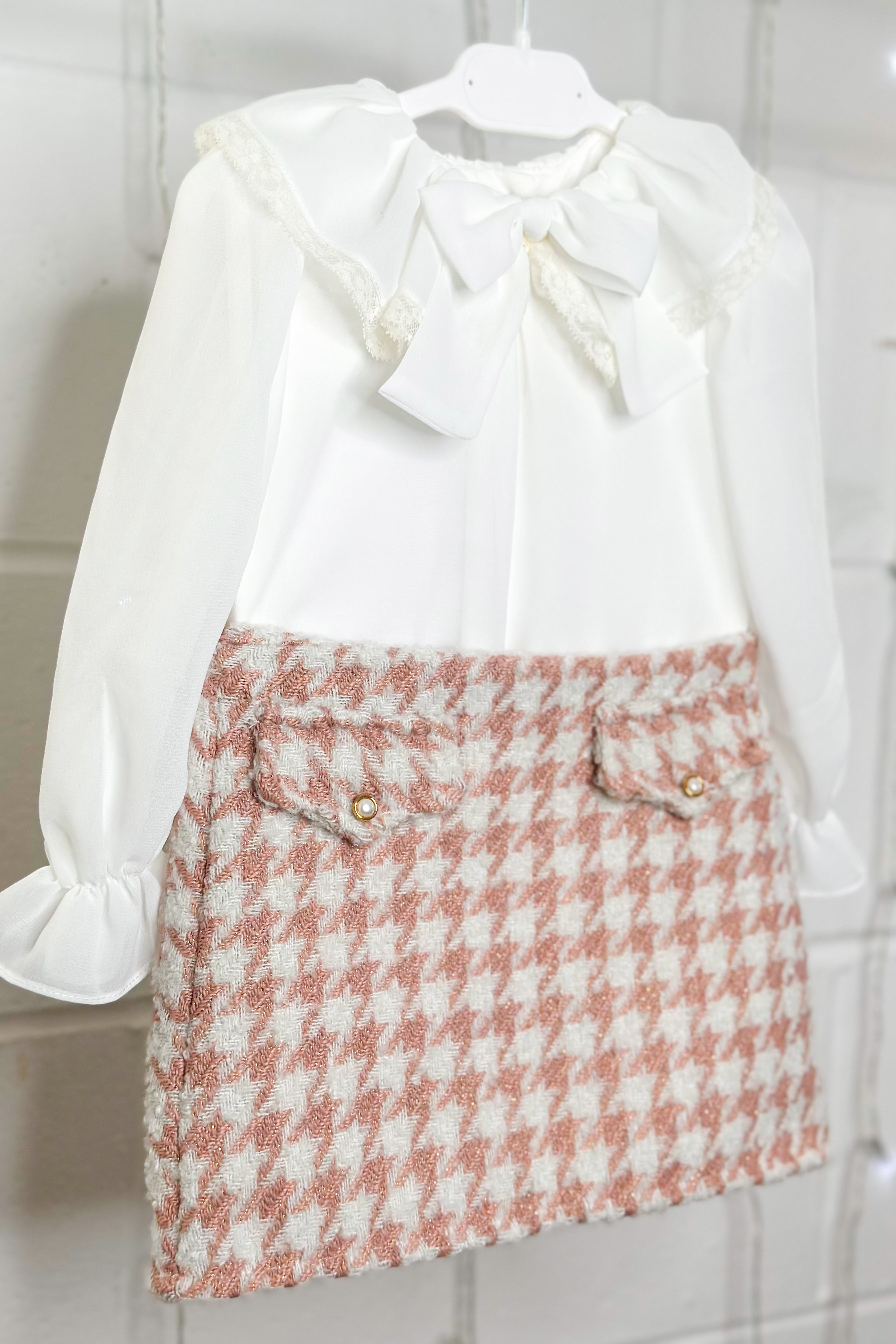 Peggy Blouse & Pink Houndstooth Knit Skirt Set - Women's Vintage Inspired Office Wear & Party Outfit for Work, Date Night and Special Occasions