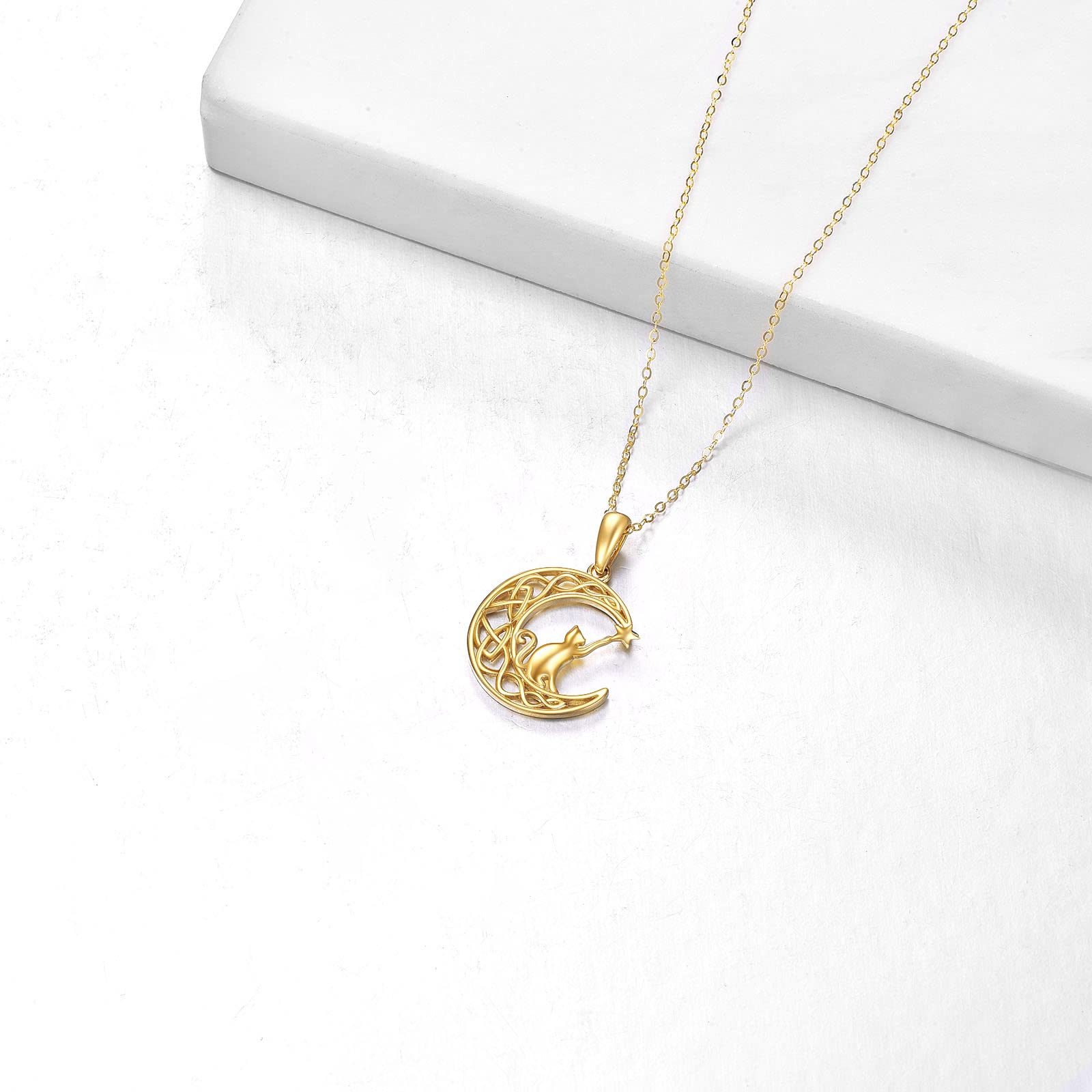 14K Solid Gold Cat Necklace for Women - Elegant Moon Pendant Jewelry, Dainty 16