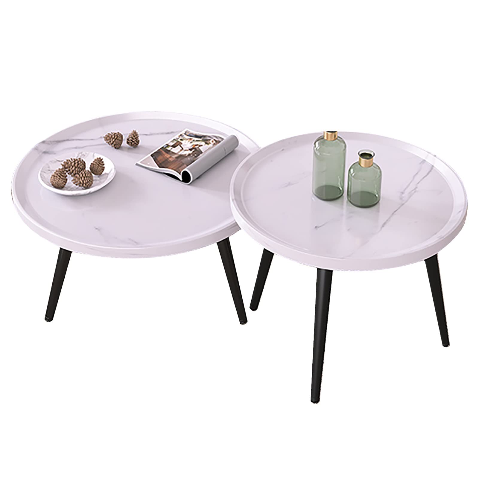 Modern Round Wood Nesting Coffee Table Set of 2 - Adjustable Height Accent Side Tables for Living Room, Bedroom, Balcony | Sofa End Tables, Nightstands | White Finish for Contemporary Home Decor