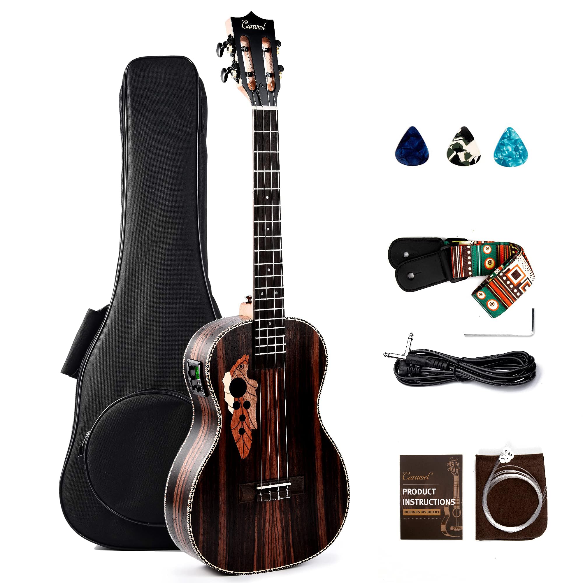 30 Inch Caramel Ebony Wood Baritone Ukulele with LCD Color Display - Electric Ukelele Starter Kit for Beginners | Includes Gig Bag, Strap & Strings Set | Perfect for Hawaiian Music, Live Performances & Home Practice