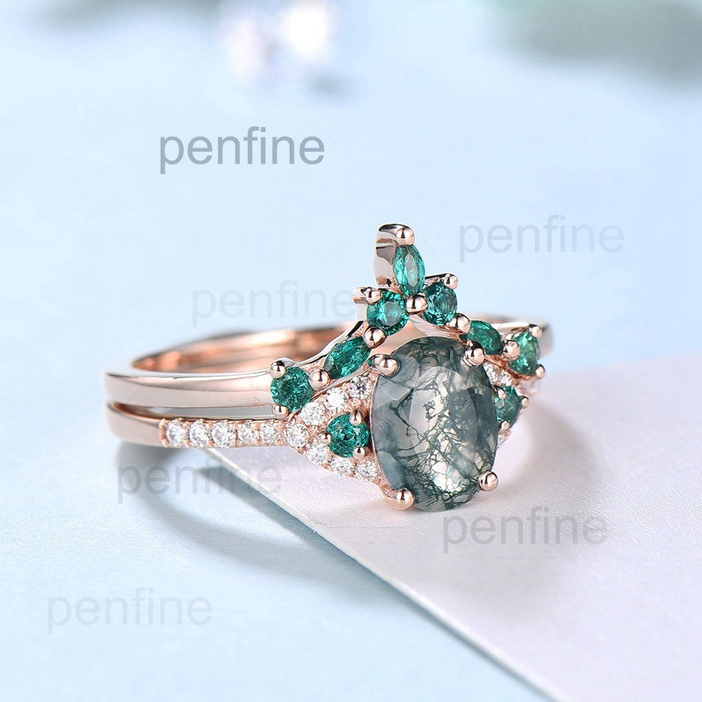 Elegant Moss Agate Ring Set - Vintage Green Stone Wedding Ring for Women, Unique Moss Agate Engagement Ring Bridal Set, Emerald Anniversary Gift - Perfect for Bridal Jewelry, Wedding Bands & Special Occasion Gifts