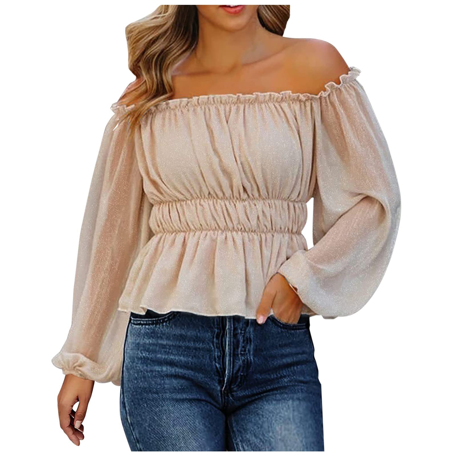 Sexy Off Shoulder Tops for Women - Long Lantern Sleeve Blouse, Stylish Flowy Tunic Pullover for Party, Date Night & Casual Wear | Elegant Fashion Blouses for Women