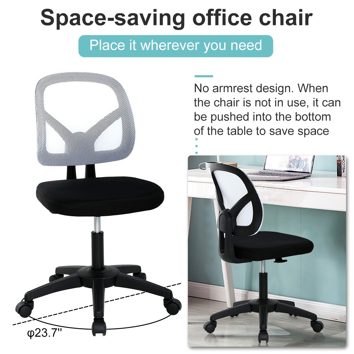 Ergonomic Mesh Office Chair with Lumbar Support - Adjustable Height, Armless Swivel Rolling Task Chair for Women & Men - Perfect for Home Office, Computer Desk, Gaming & Workspace (White)