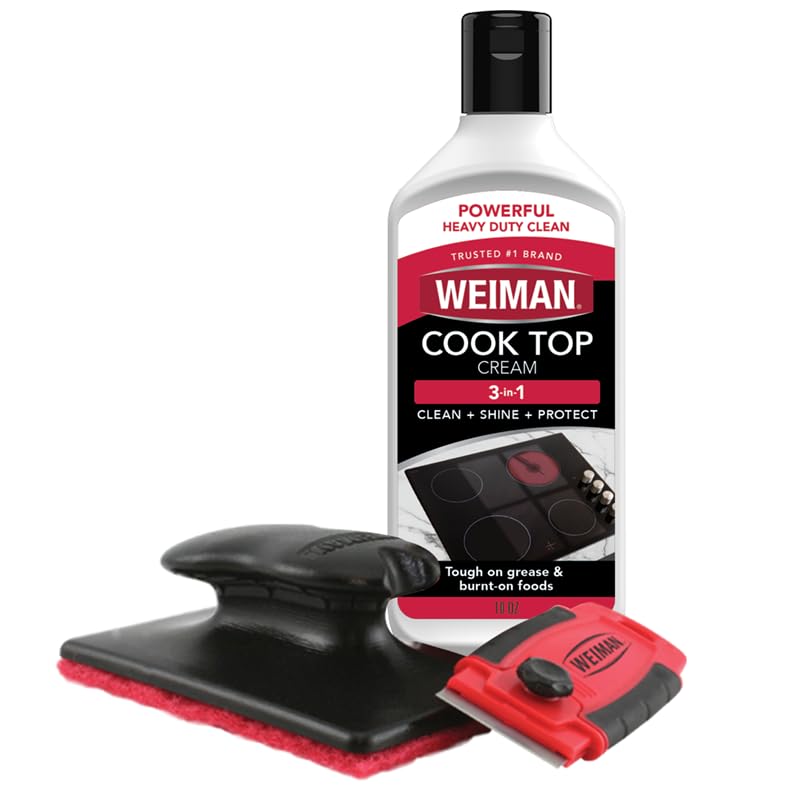 Weiman Cooktop and Stove Top Cleaner Kit - 10 oz Glass Cooktop Cleaner & Polish with Scrubbing Pad, Razor Scraper & Cleaning Tool | For Ceramic, Induction & Electric Stoves | Quick Burner Stain Removal & Surface Protection