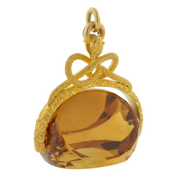 18K Gold Victorian Style Faceted Citrine Snake Spinner Fob - Elegant Antique Jewelry for Men's Watch Chains & Vintage Fashion Accessories - Perfect for Formal Events, Steampunk Outfits, and Historical Reenactments