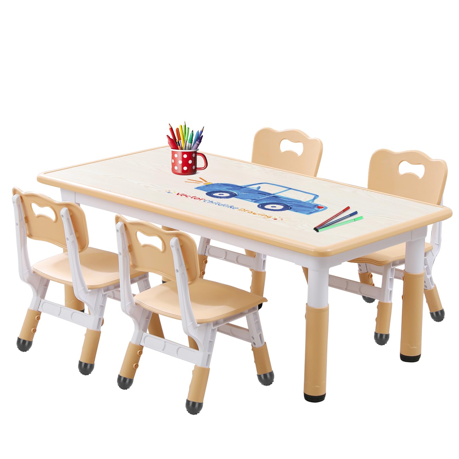 HappyMaty Toddler Table and Chair Set - 4-Piece Kids Furniture with 12 Color Pens & Leg Covers - Perfect for Playroom, Preschool, and Home Learning Activities