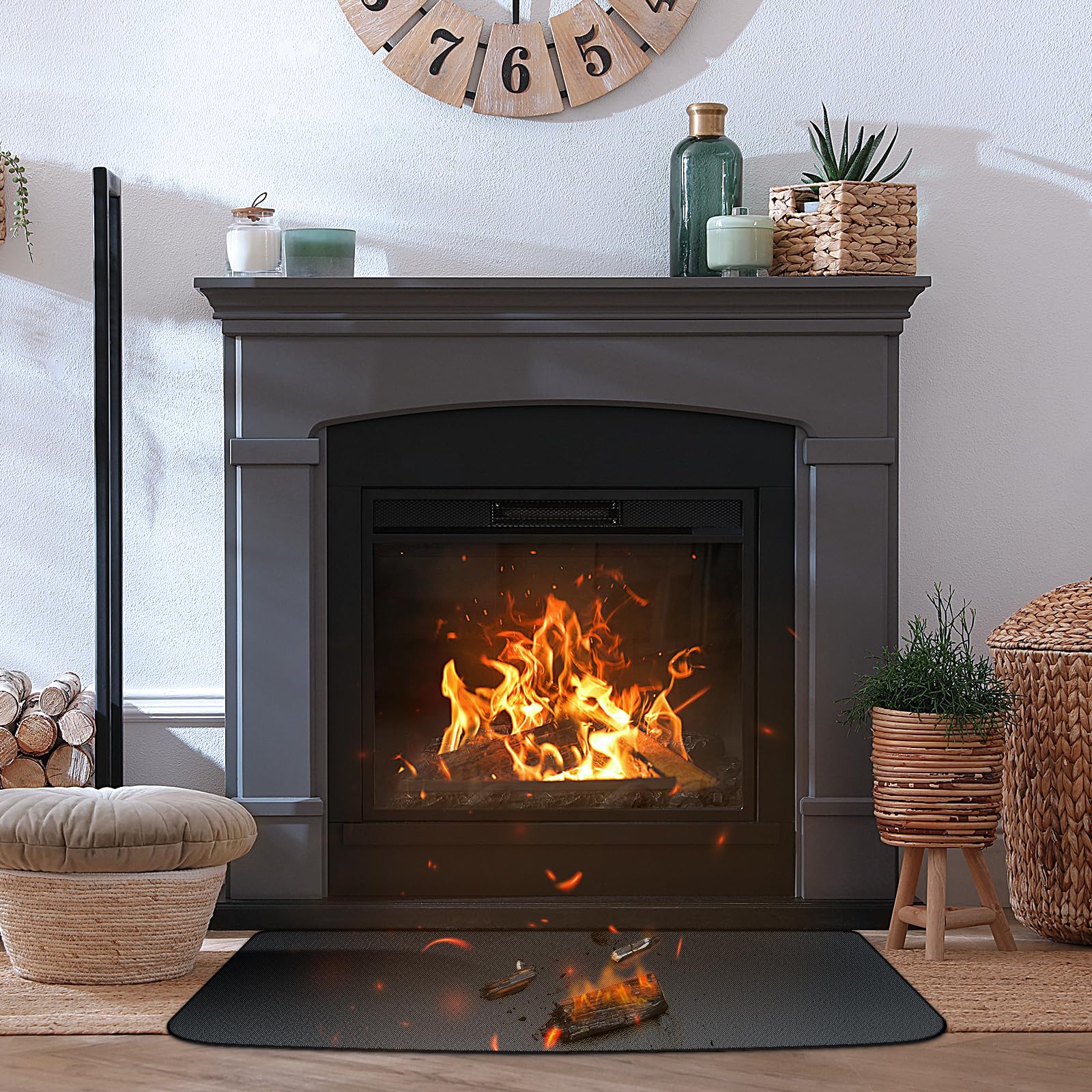 Fireproof Hearth Rug 28x48 Inches - Heat Resistant Fireplace Mat for Wood Stove & Outdoor Use | Fire-Resistant Floor Protector for Patio, BBQ & Indoor Fireplace Safety - Black