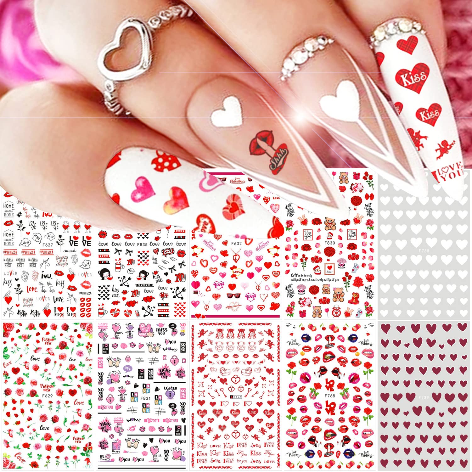 10 Sheets Valentines Day Nail Stickers - 3D Self-Adhesive Heart Nail Decals with Love, Kiss, Rose, Angel, Cupid & Red Lips Designs - Romantic Nail Art Decor for Women, Girls & Kids - Perfect for Valentine's Day, Date Night & Special Occasions