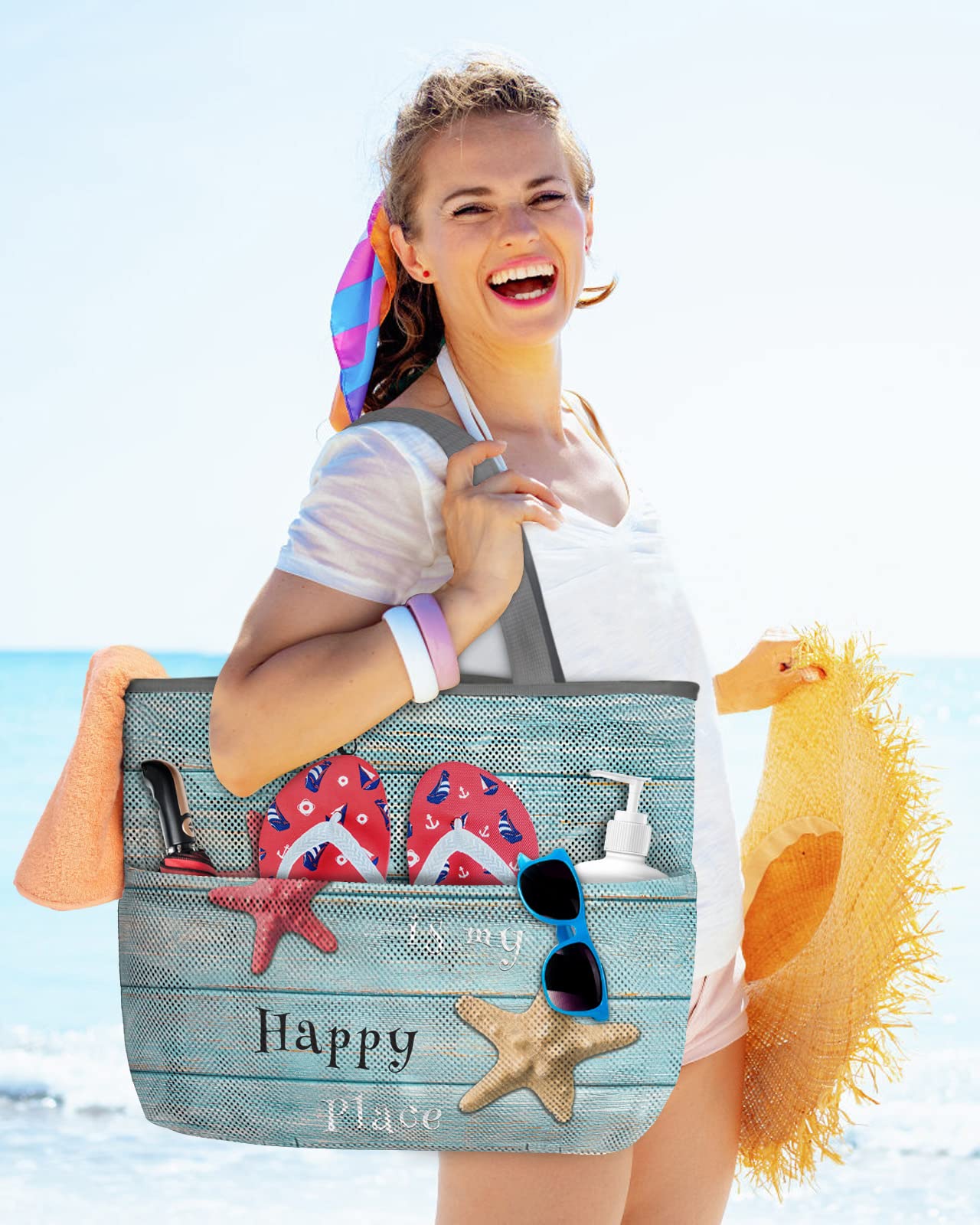 Waterproof & Sandproof Beach Tote Bag for Women - Large Blue Ombre Wooden Stripes Mesh Bag with Zipper & Pockets | Perfect for Summer Beach Trips, Pool Parties & Outdoor Picnics