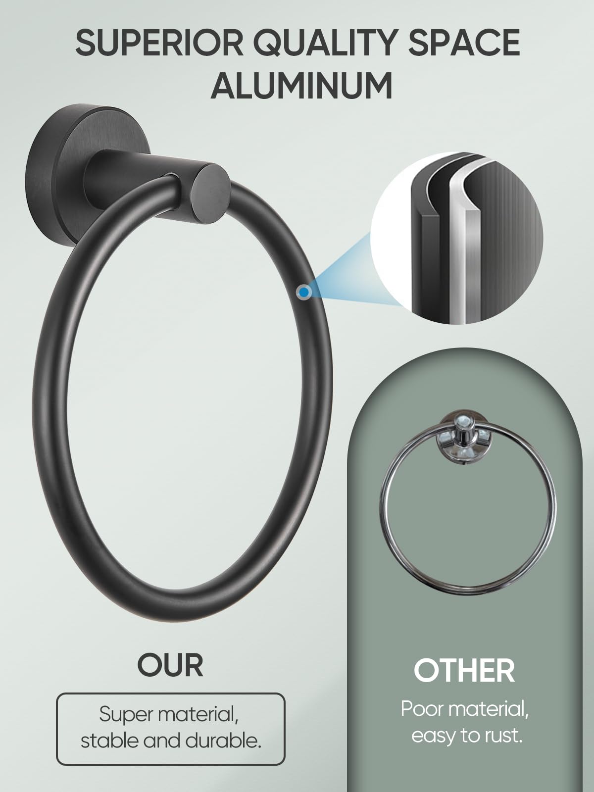 Matte Black Towel Ring - Wall Mounted Hand Towel Holder for Bathroom, Kitchen & RV - Durable Space Aluminum Round Towel Rack - Perfect for Small Spaces & Modern Home Decor