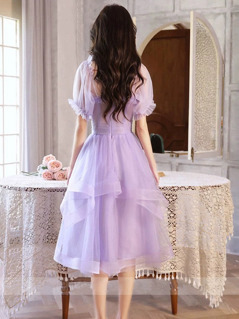 Elegant Purple Tulle Short Prom Dress for Homecoming, Party & Special Occasions | Flattering A-Line Silhouette | Perfect for Dances, Weddings & Formal Events