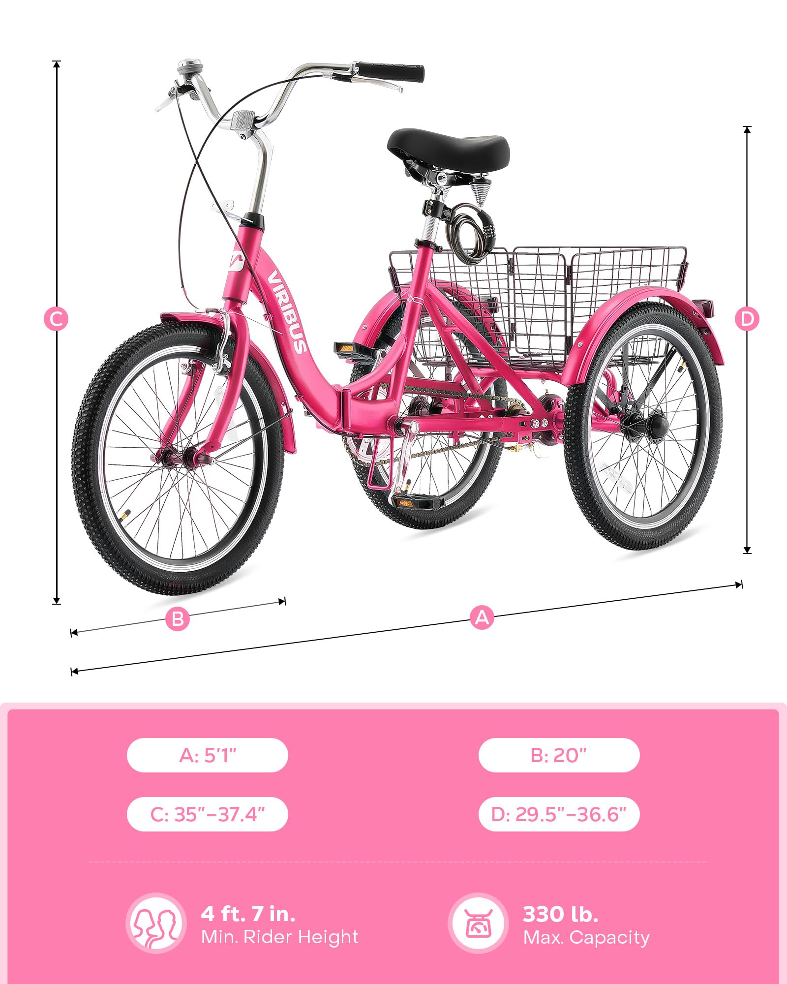 Viribus 20 Inch Folding Adult Tricycle - 1/7 Speed 3 Wheel Bike with Lock, 330lb Capacity - Foldable Trike for Men, Women & Seniors - Perfect for Commuting, Grocery Shopping & Outdoor Recreation