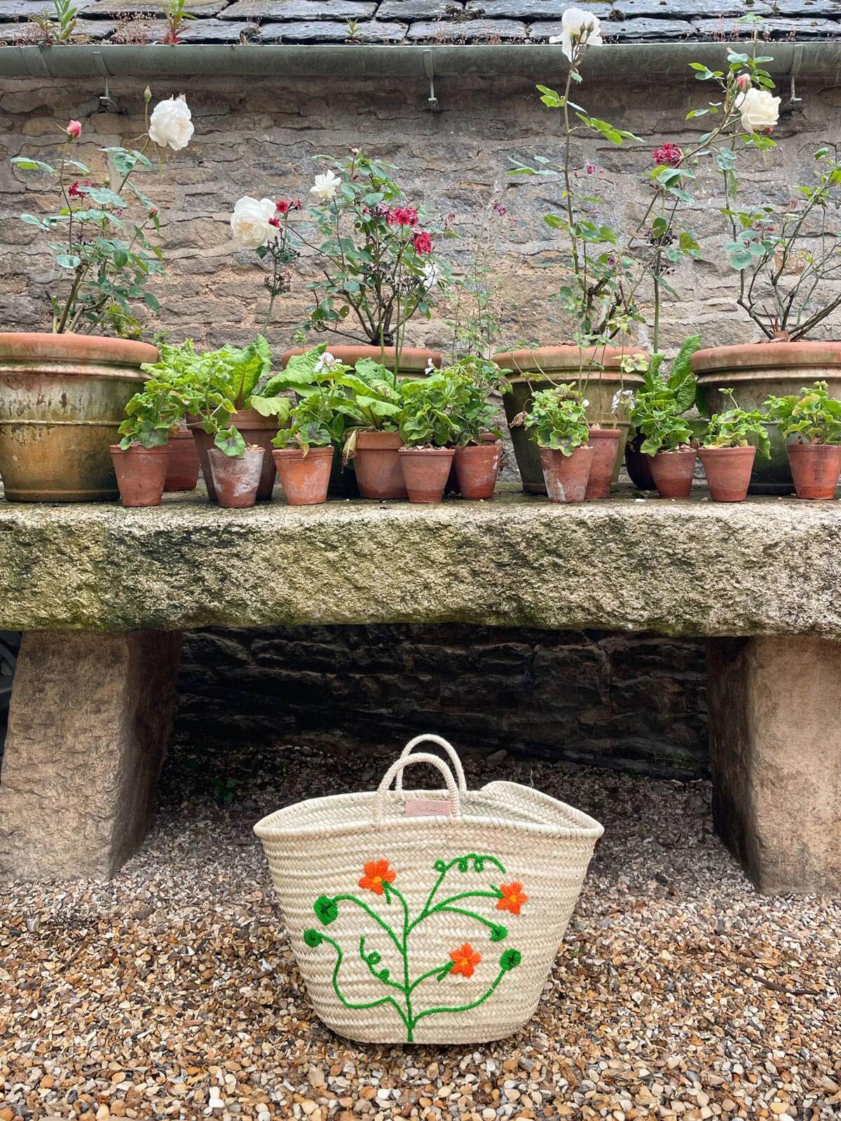 Hand Embroidered Market Basket with Nasturtium Design - Eco-Friendly Cotton Tote for Grocery Shopping, Farmers Market & Beach Outings