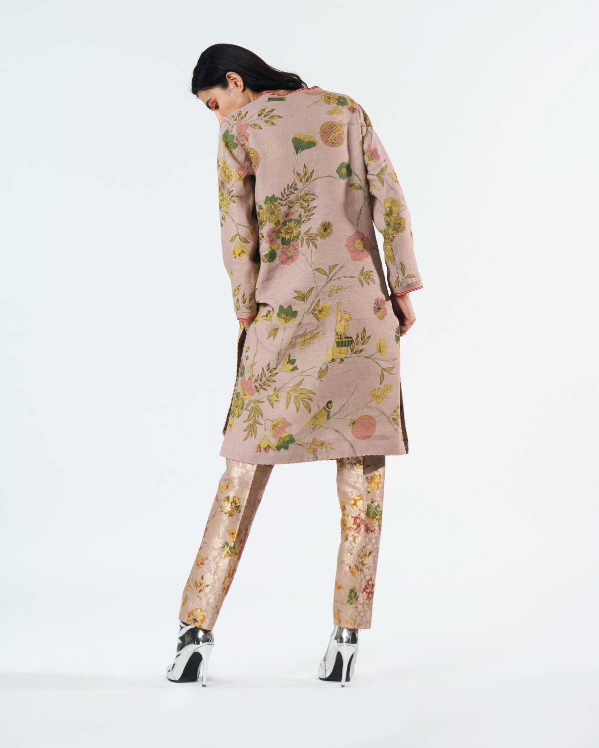 Elegant V Neck Kurta in Muga Satin - Champagne Pink Color for Women | Perfect for Festivals, Weddings & Special Occasions
