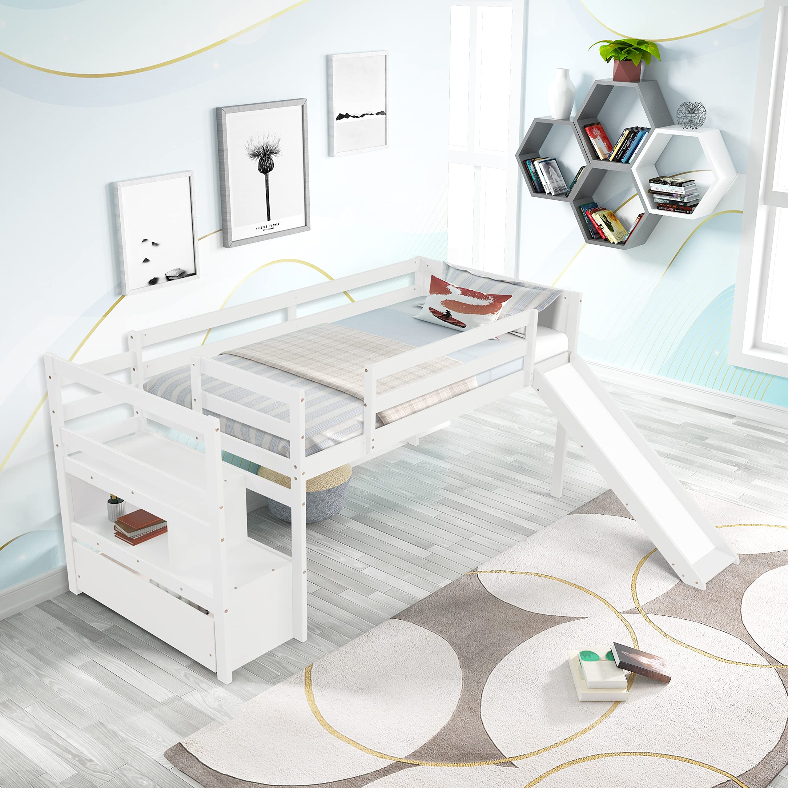 **Danxee Twin Size Low Loft Bed Frame with Stairs and Slide - White Kids Daybed with No Box Spring Needed - Perfect for Small Bedrooms, Playrooms & Sleepovers**