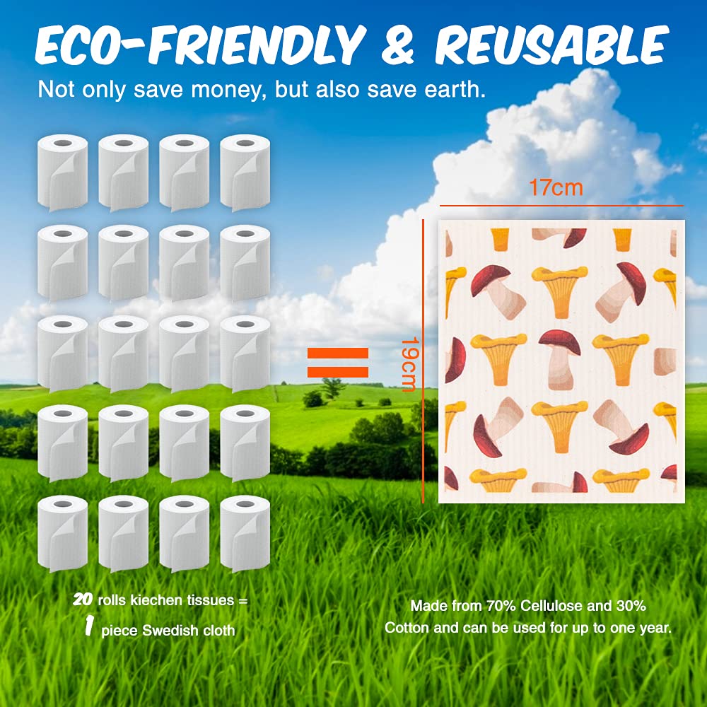 Reusable Swedish Dishcloths - 6 Pack Kitchen Sponge Cloths for Dishes & Cleaning (Vegetable Print) - Eco-Friendly Home Essentials