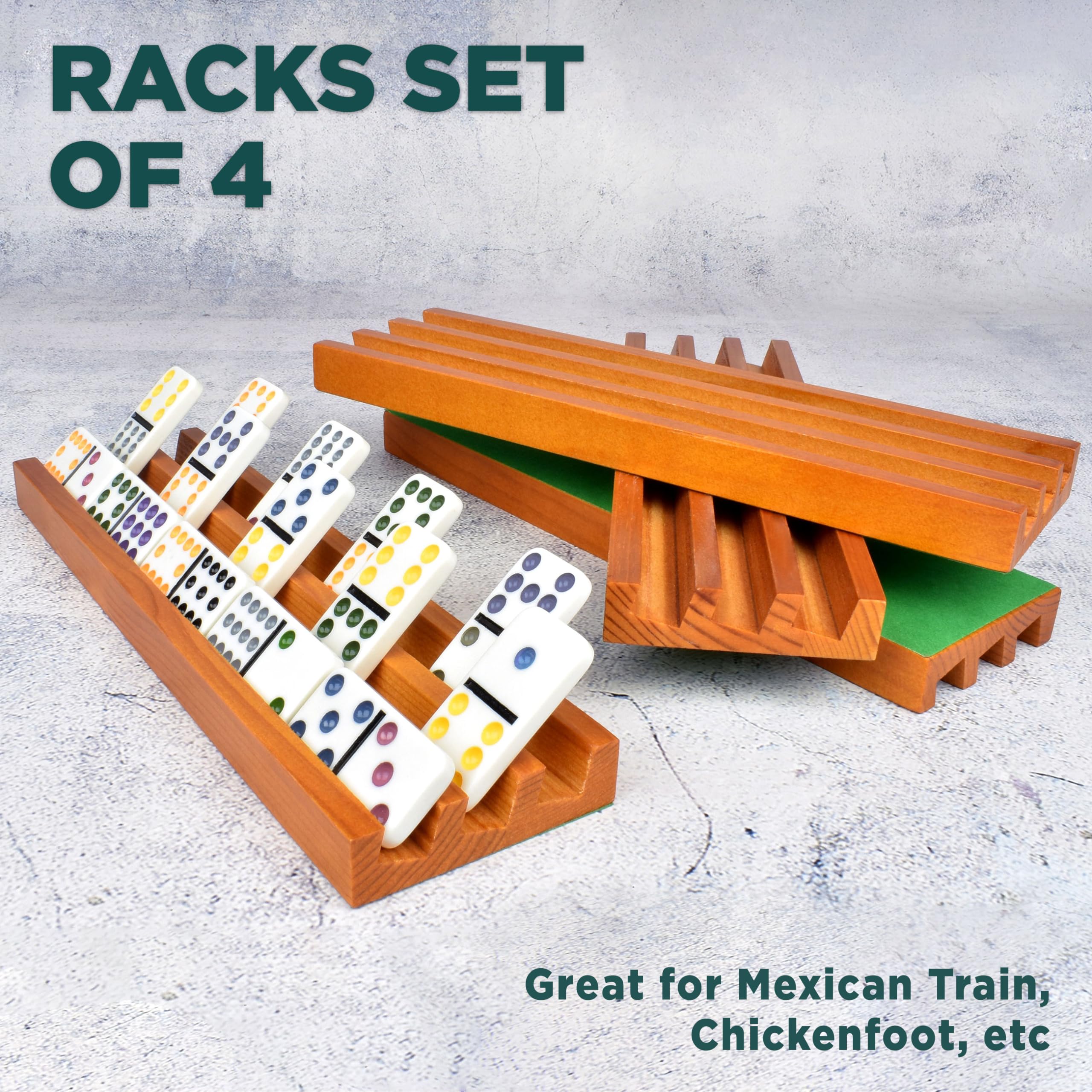 Premium Wooden Domino Holders Set of 4 - Classic Board Game Accessories for Mexican Train Dominoes - Durable Domino Racks & Trays for Family Game Night - Perfect for Parties, Game Rooms, and Family Gatherings