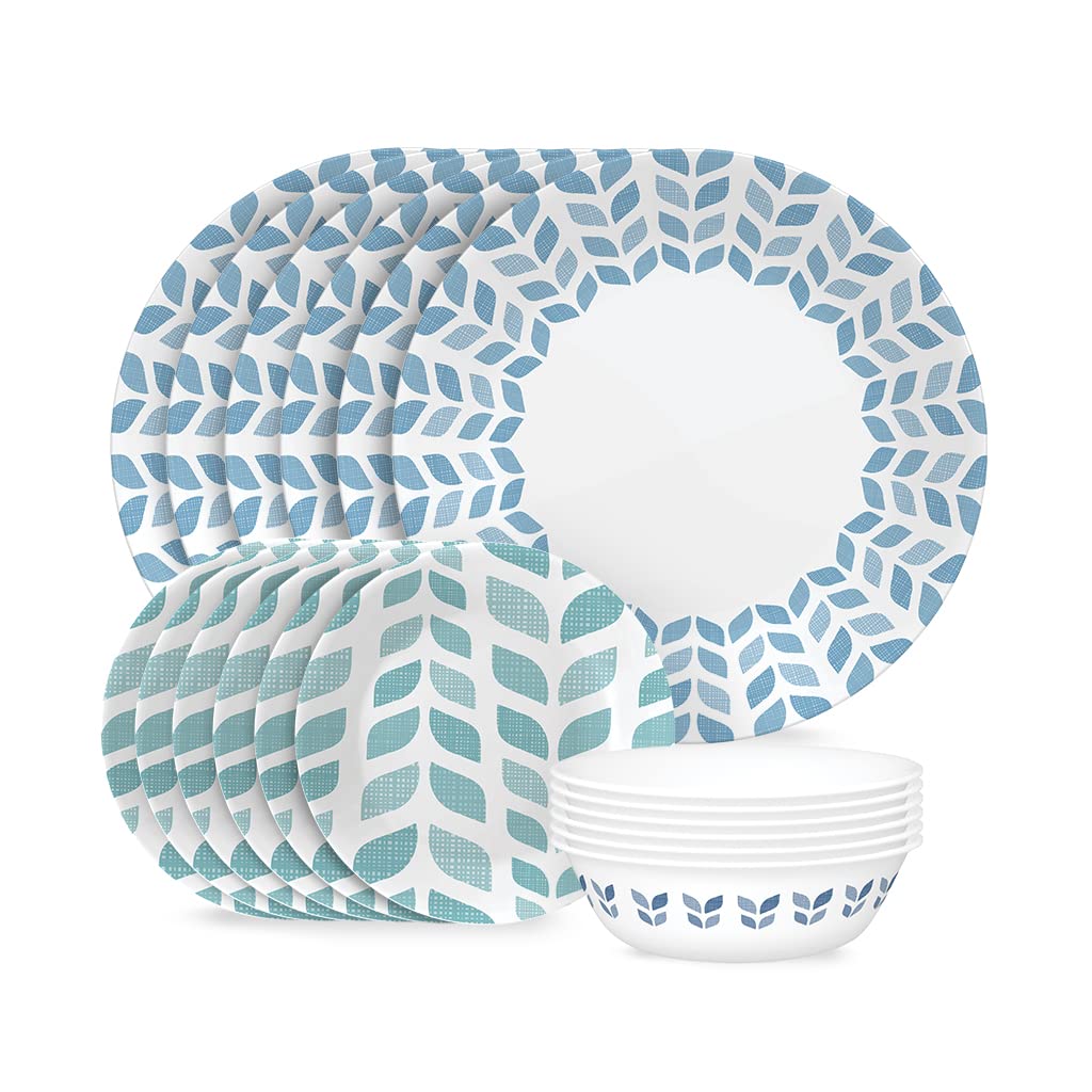 Corelle Global Collection 18-Piece Dinnerware Set - Triple Layer Recycled Vitrelle Glass, Lightweight & Eco-Friendly Round Plates & Bowls, Northern Pines Design - Perfect for Everyday Dining, Dinner Parties & Sustainable Home Decor