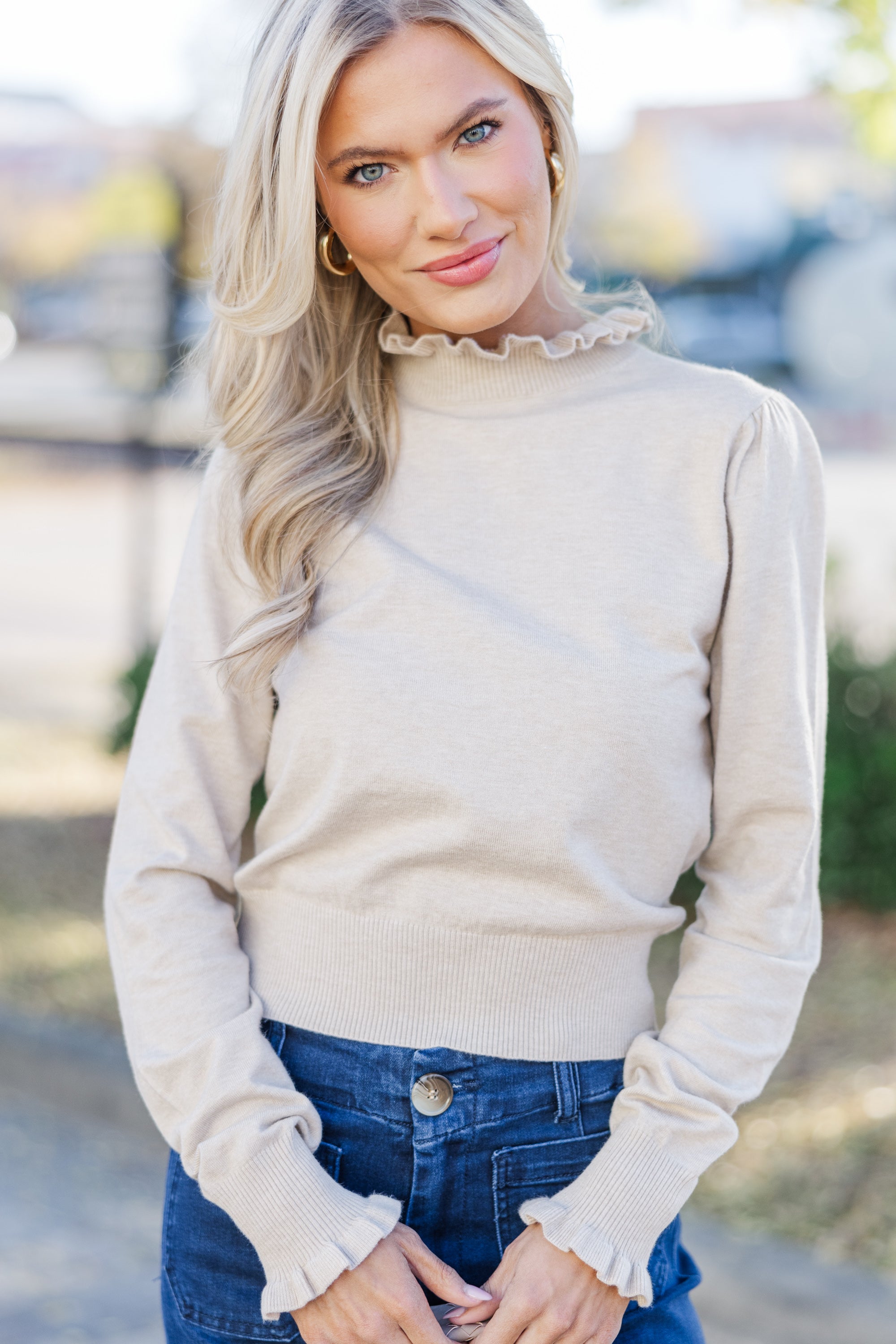 Back To You Oatmeal Ruffled Sweater | Women's Cozy Knit Pullover | Perfect for Fall & Winter Outfits, Date Nights, and Office Wear