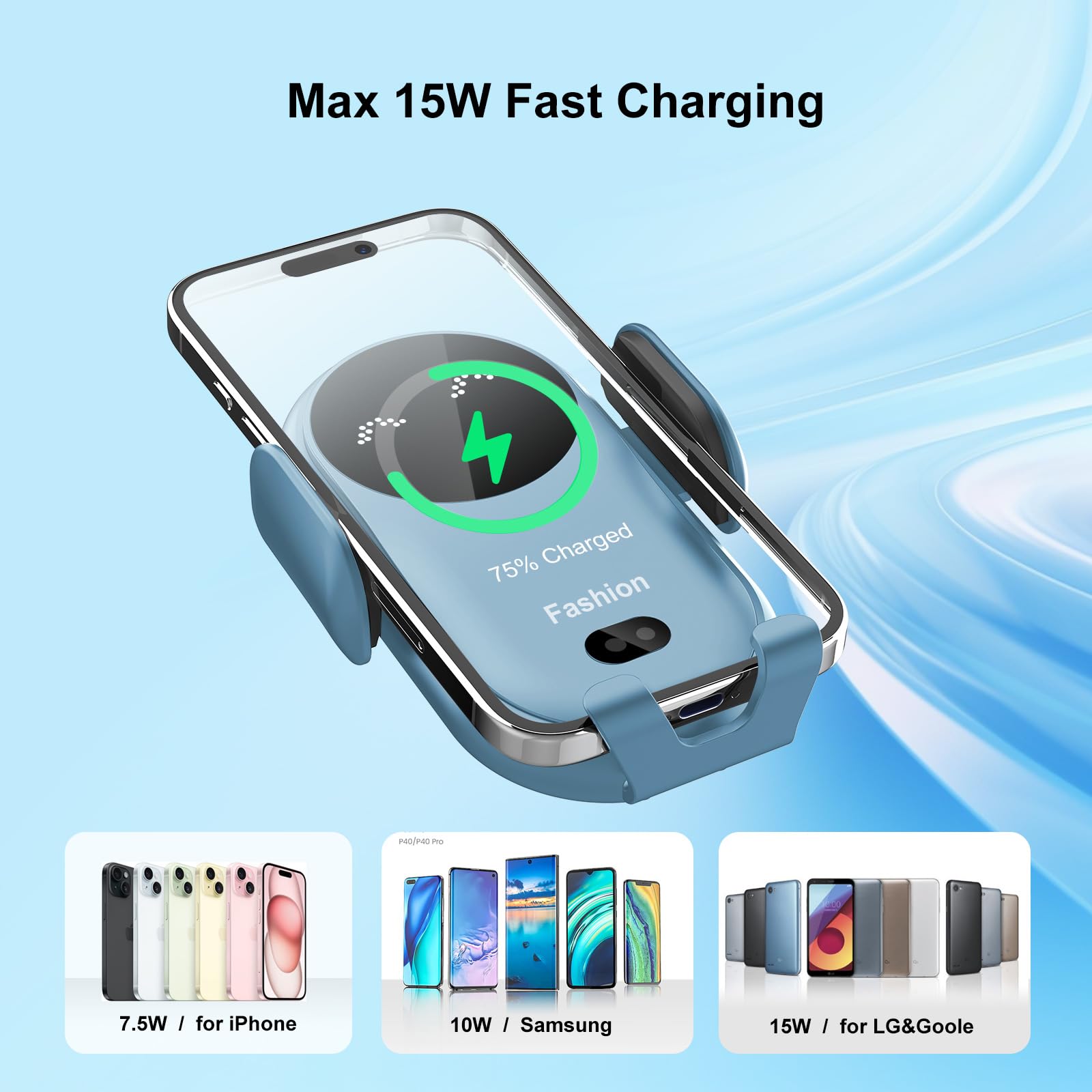 15W Qi Fast Wireless Car Charger Mount - Auto Clamping Air Vent Phone Holder for iPhone 16/15/14/13/12 Pro Max & Samsung Galaxy S22/S21/S20/Note 20 (Blue) | Perfect for Commuting & Road Trips