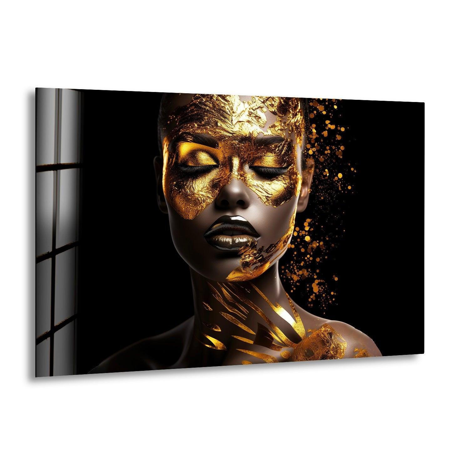 African Woman Portrait with Gold Face - Elegant Glass Wall Art for Living Room, Bedroom & Office Decor