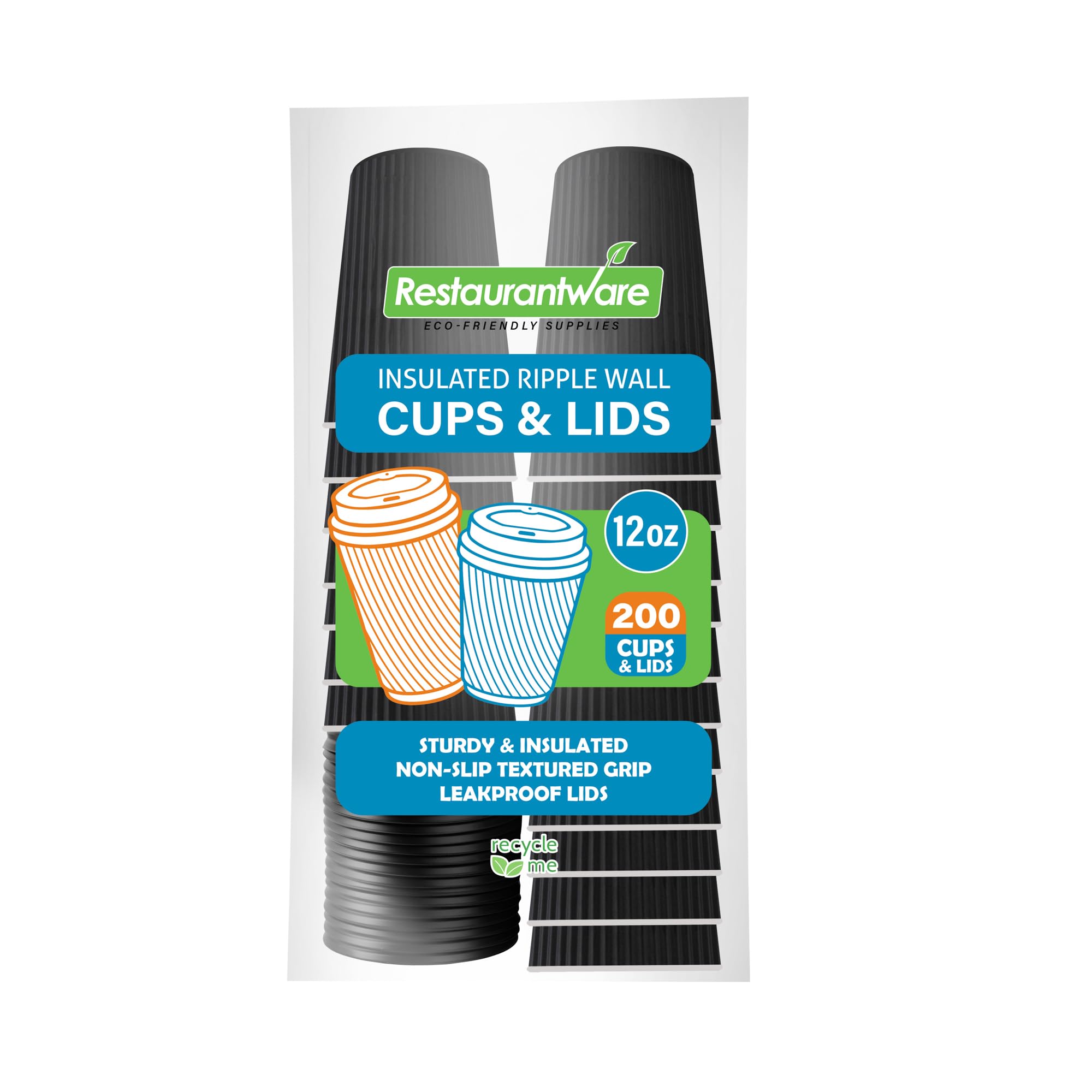 200 Pack 12oz Insulated Black Paper Coffee Cups with Lids - Leakproof & Non-Slip Ripple Wall Hot Cups for Tea, Hot Cocoa, Lattes - Perfect for Coffee Shops, Offices, Catering & Events