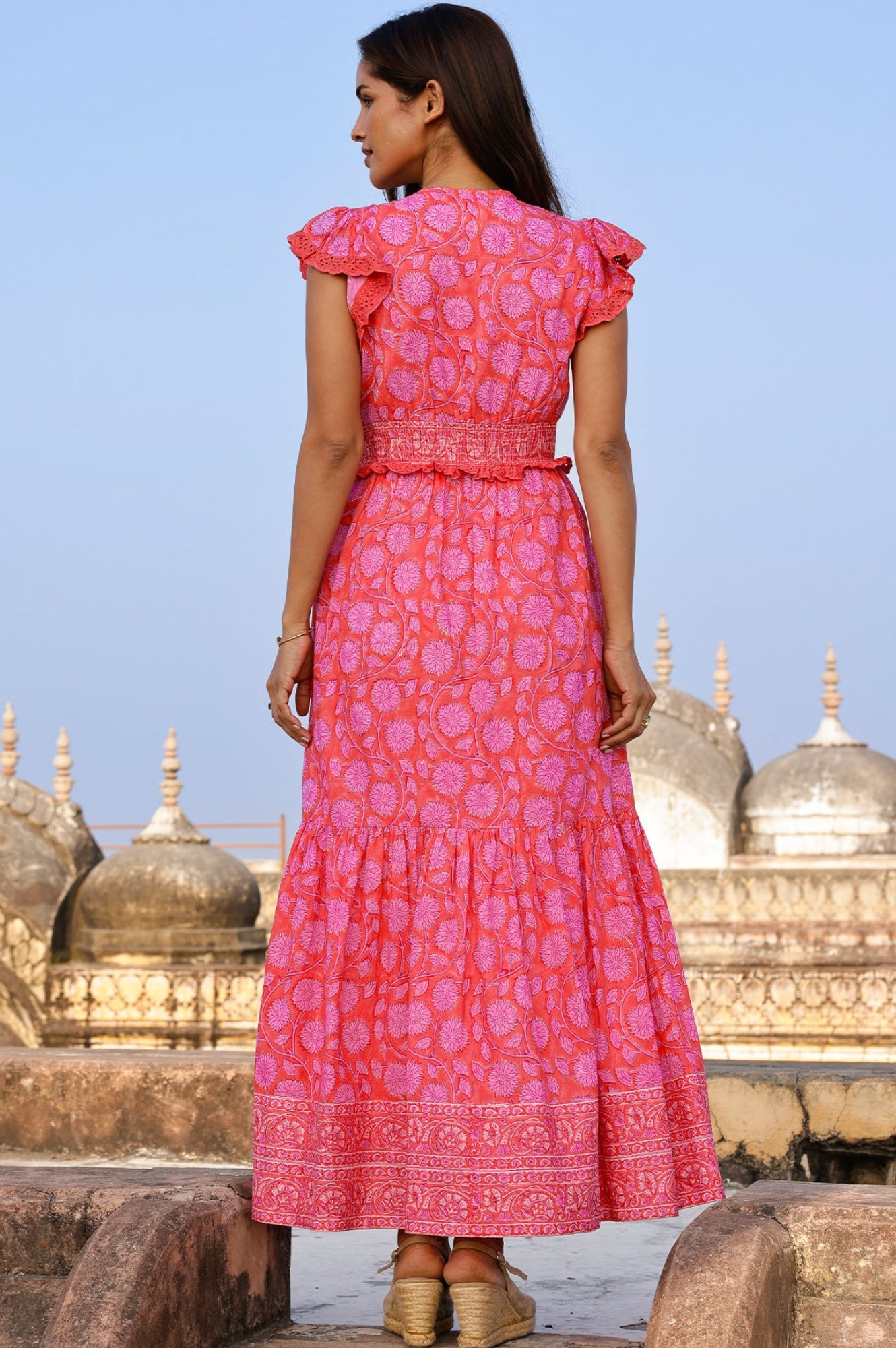 Pippa Block Print Dress | Floral Printed Summer Dress for Women | Mara Red & Pink | Perfect for Beach, Vacation & Casual Outings