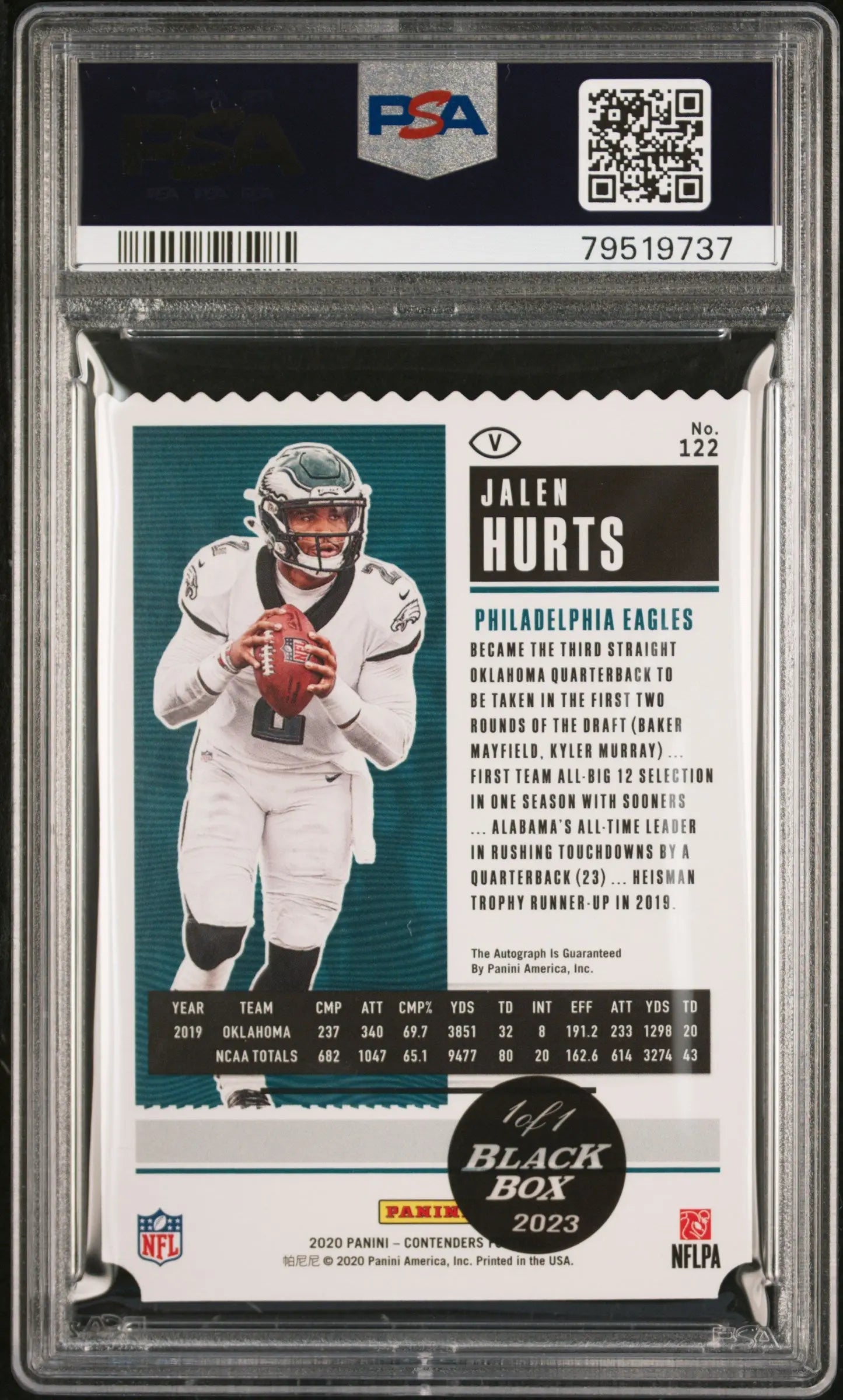 2023 Panini Contenders Black Box Jalen Hurts Rookie Ticket Stub Auto PSA 10 1/1 - Rare Football Trading Card for Collectors & Sports Fans - Perfect for Display, Investment & Memorabilia Collections