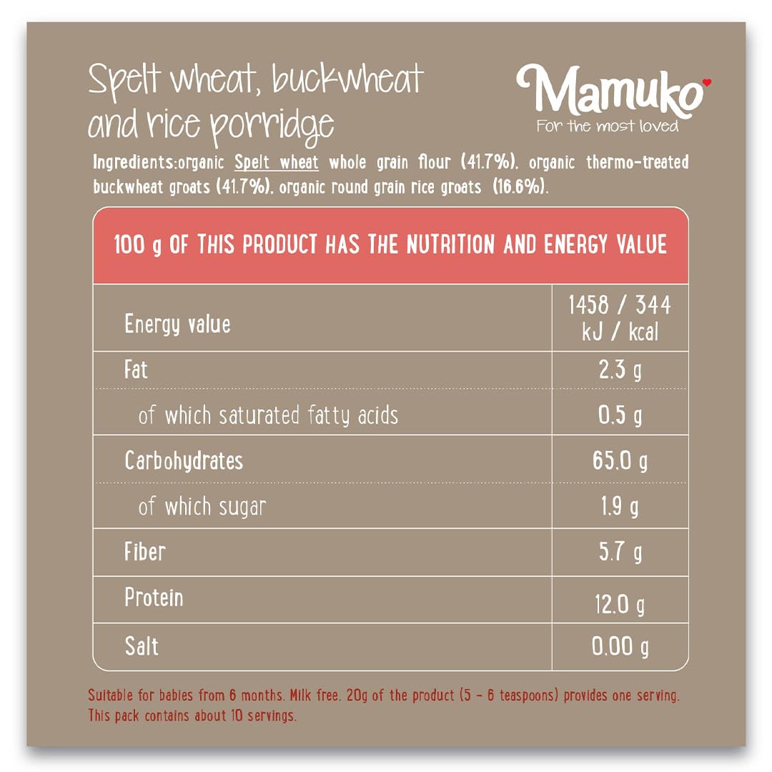 Organic Spelt Buckwheat Rice Porridge - Healthy High Fiber Baby Cereal with No Added Sugar, Milk or Preservatives - MAMUKO Gluten-Free Toddler Food (200g, 10 Servings) - Perfect for Breakfast, Weaning & On-the-Go Meals