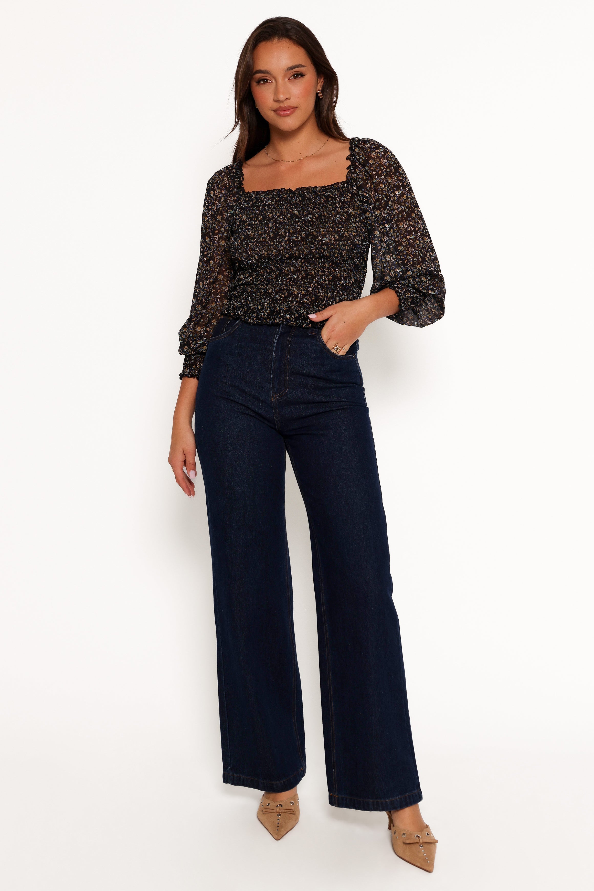 Greta Top Navy Ditsy Floral Print Women's Blouse - Perfect for Casual Outings, Date Nights & Summer Vacations