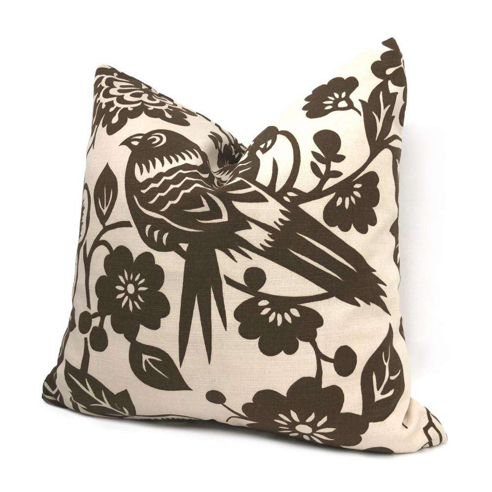 Duralee Thomas Paul Brown Ivory Aviary Pillow Cover - Decorative Bird Print Pillow Case for Living Room, Bedroom & Sofa - Home Decor Accent Cushion Cover