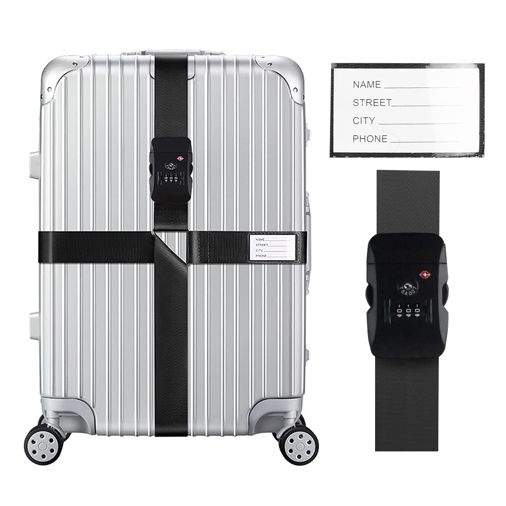Veki Cross Luggage Straps Set - TSA Approved Adjustable Suitcase Belts with Lock & ID Tags - Secure Travel Packing Straps for Suitcases (Black) | Perfect for Air Travel, Business Trips & Vacation Luggage Organization