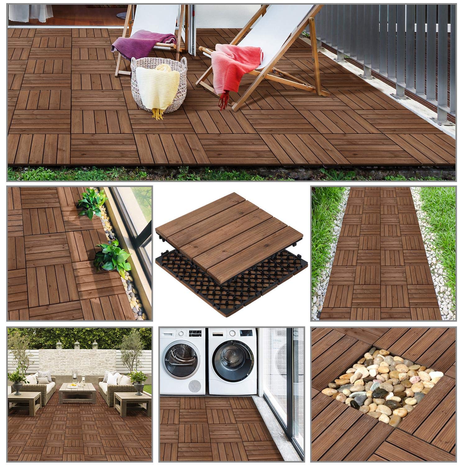 Yaheetech 110pcs 12x12 Inch Interlocking Composite Deck Tiles - Wood Grain Patio Flooring for Indoor/Outdoor Use - Durable & Weatherproof Decking for Garden, Balcony, Poolside (Brown) - Perfect for DIY Backyard Renovation & Outdoor Living Spaces