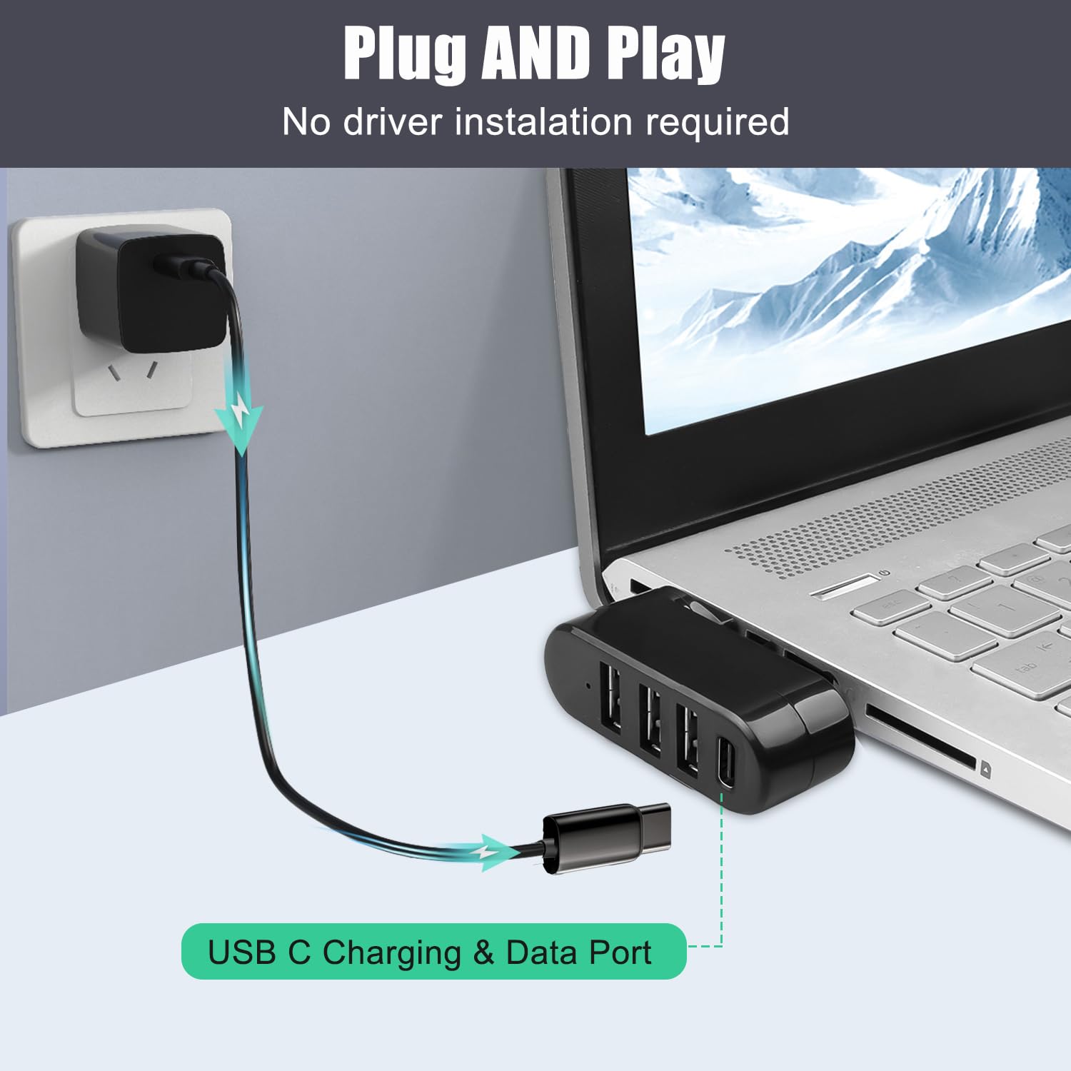 VIENON 4-Port USB 3.0 Hub with 90°/180° Rotation - 3 USB Ports + 1 USB-C Power/Data Port - High Speed USB Splitter for Laptop, Desktop, MacBook, iMac, PC - Perfect for Office, Home & Car Use
