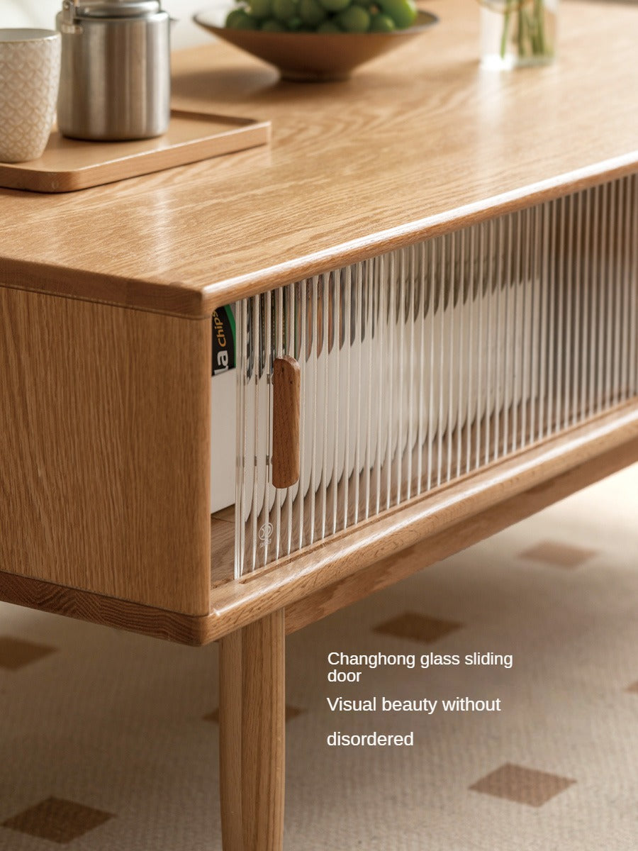 Solid Oak and Beech Wood Coffee Table with Glass Doors - Modern Living Room Furniture for Home Decor and Entertainment