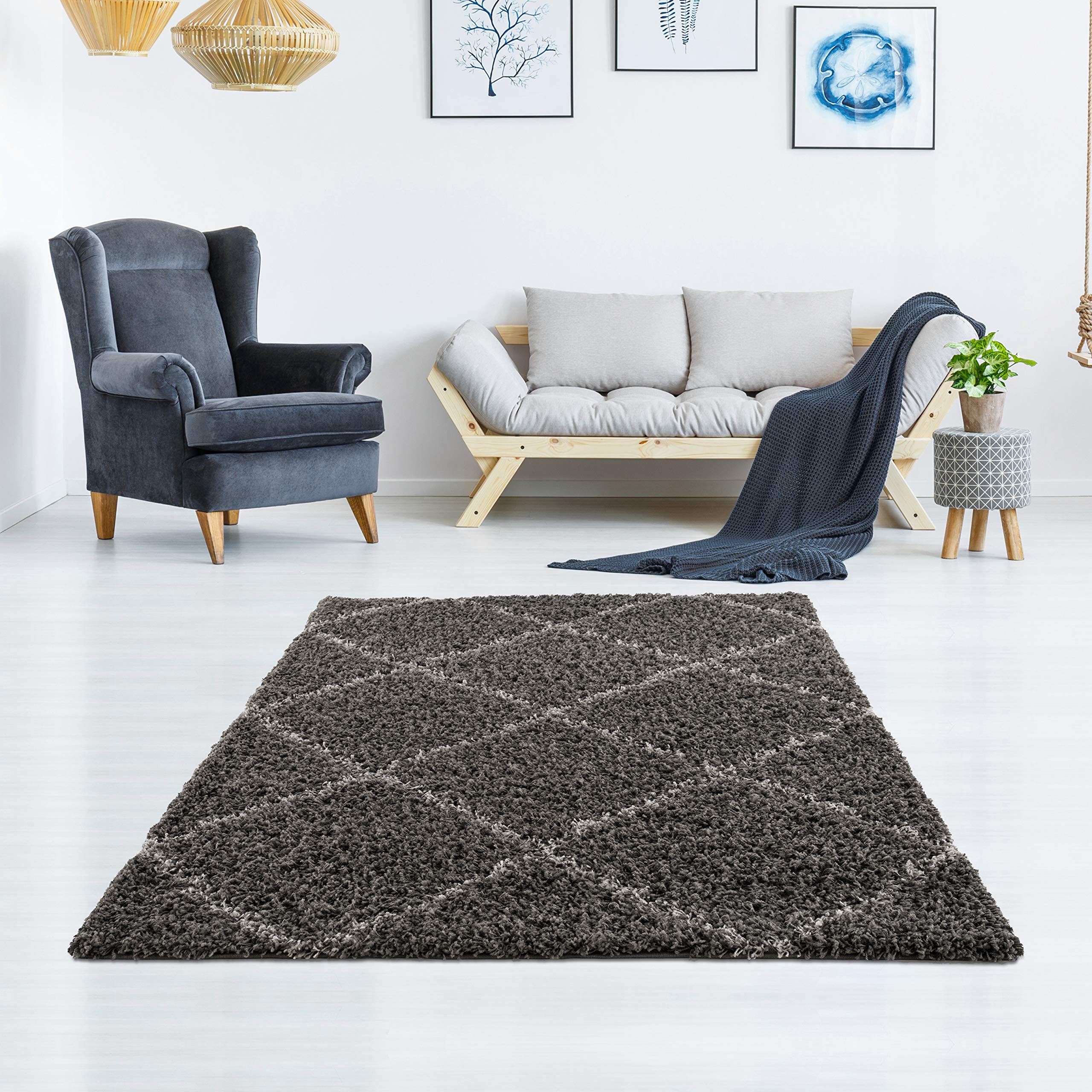 Msrugs Shaggy Area Rugs - 8x10 Moon Collection Modern Trellis Soft Cozy Shag Dark Gray Rug for Bedroom, Living Room, Nursery - 8'x10' Plush Floor Covering for Home Decor & Cozy Spaces