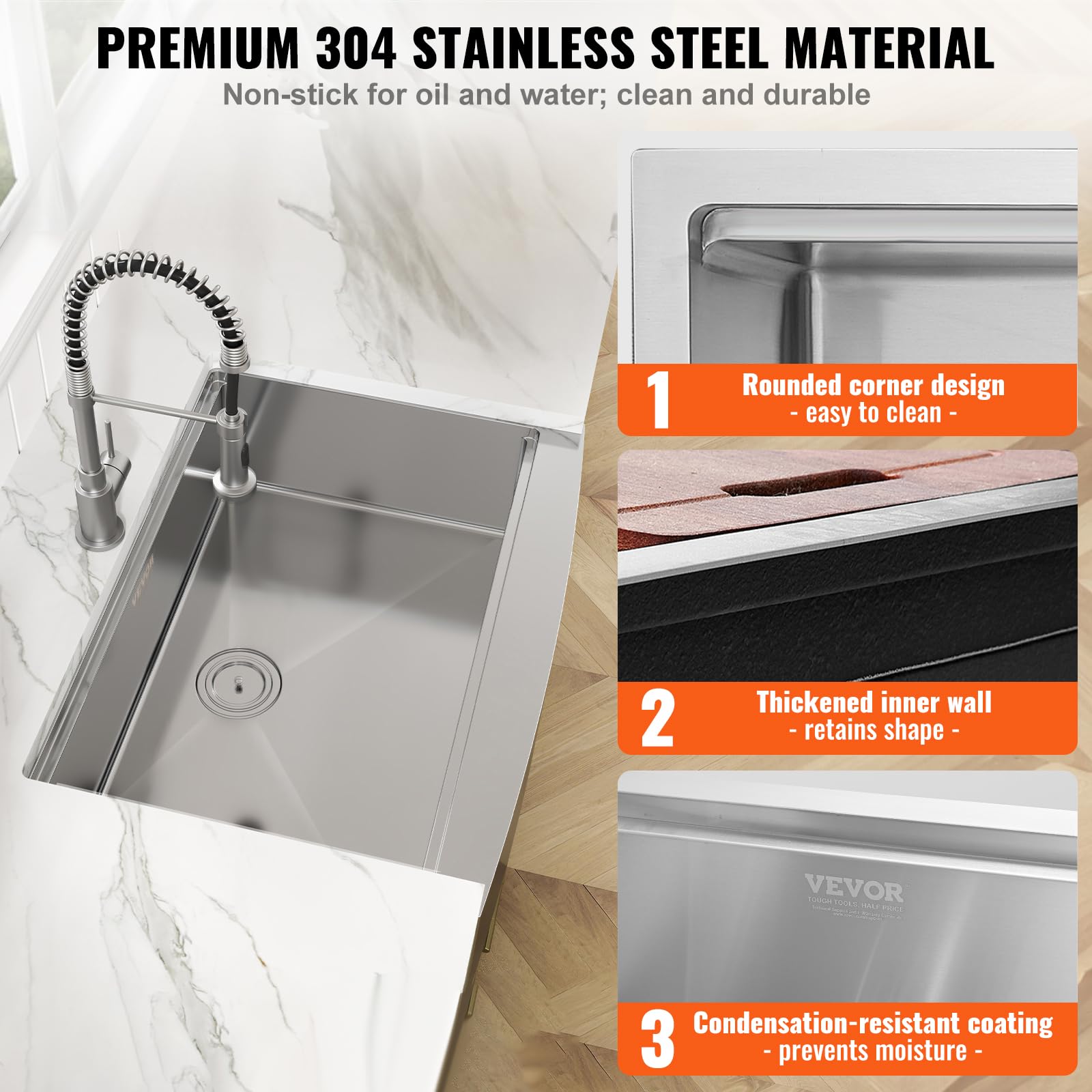 VEVOR 30 Inch Farmhouse Kitchen Sink - 304 Stainless Steel Top Mount Single Bowl with Drainboard & Accessories - Perfect for Workstation, Prep Kitchen, Bar, and Dishwashing - Durable Drop-In Sink for Modern & Rustic Home Decor