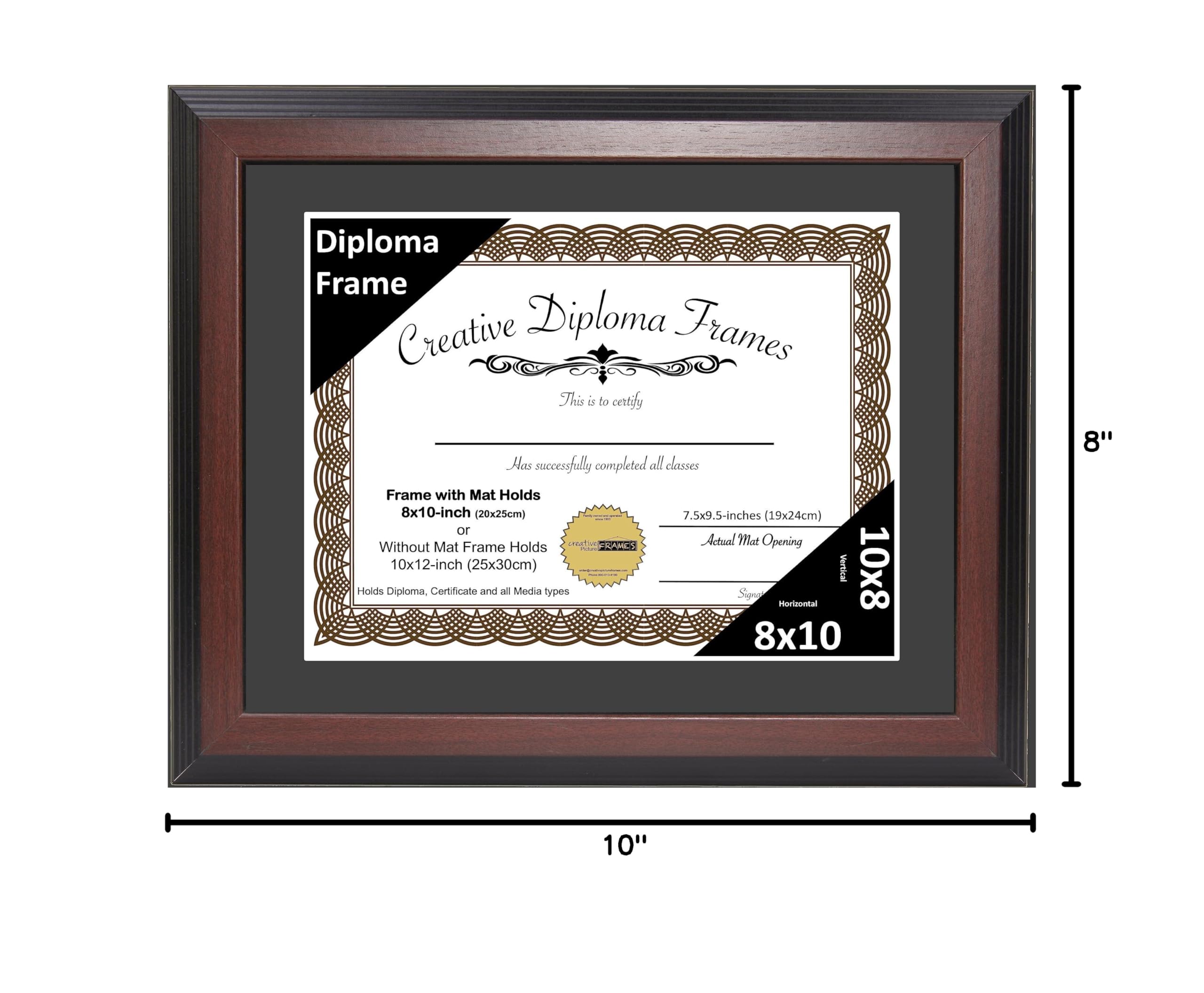 8x10 Mahogany Finish Diploma Picture Frame with Black Mat - Holds 8x10 Documents, Glass Front & Wall Hanger - Perfect for Graduation Certificates, Diplomas, Awards & Home Office Decor