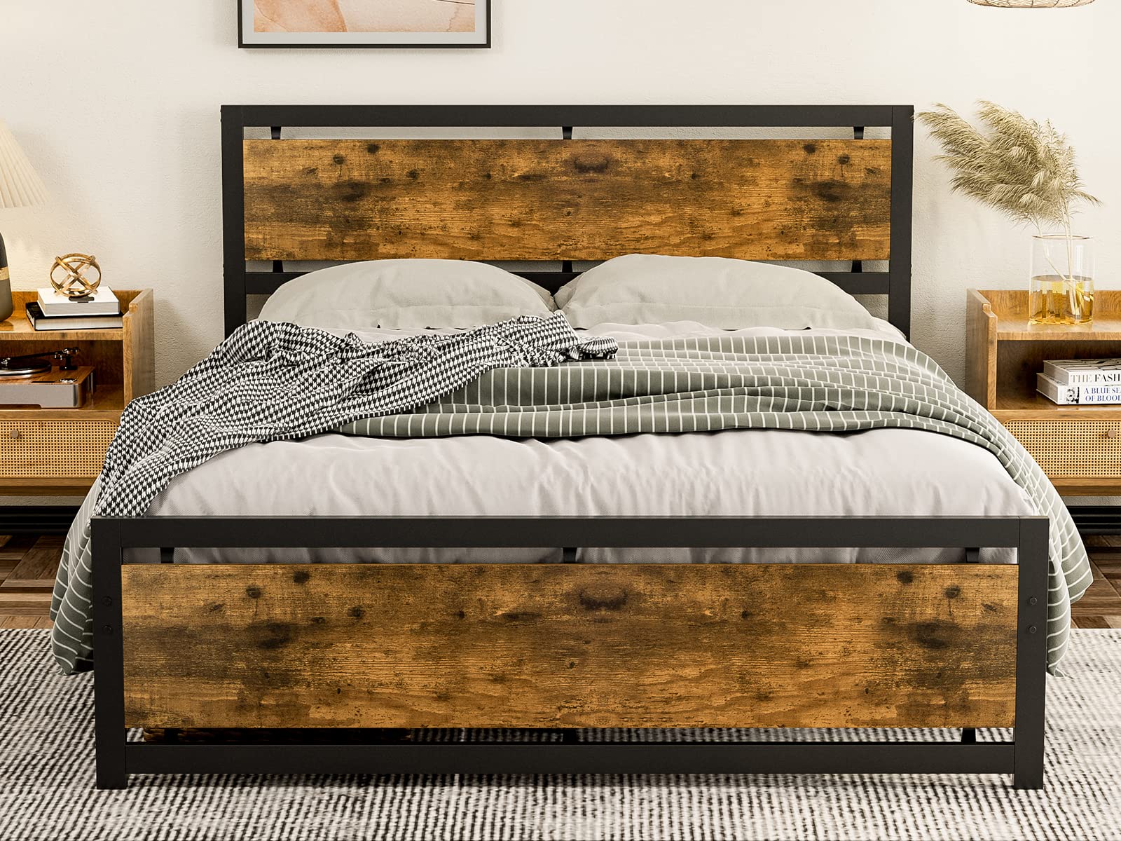 IKIFLY Industrial Metal Queen Size Bed Frame - Sturdy Steel & Wood Platform Bed with Wooden Headboard & Footboard - Heavy Duty Steel Slats Support - No Box Spring Needed - Rustic Brown Queen Bed for Modern Farmhouse, Loft & Industrial Style Bedrooms