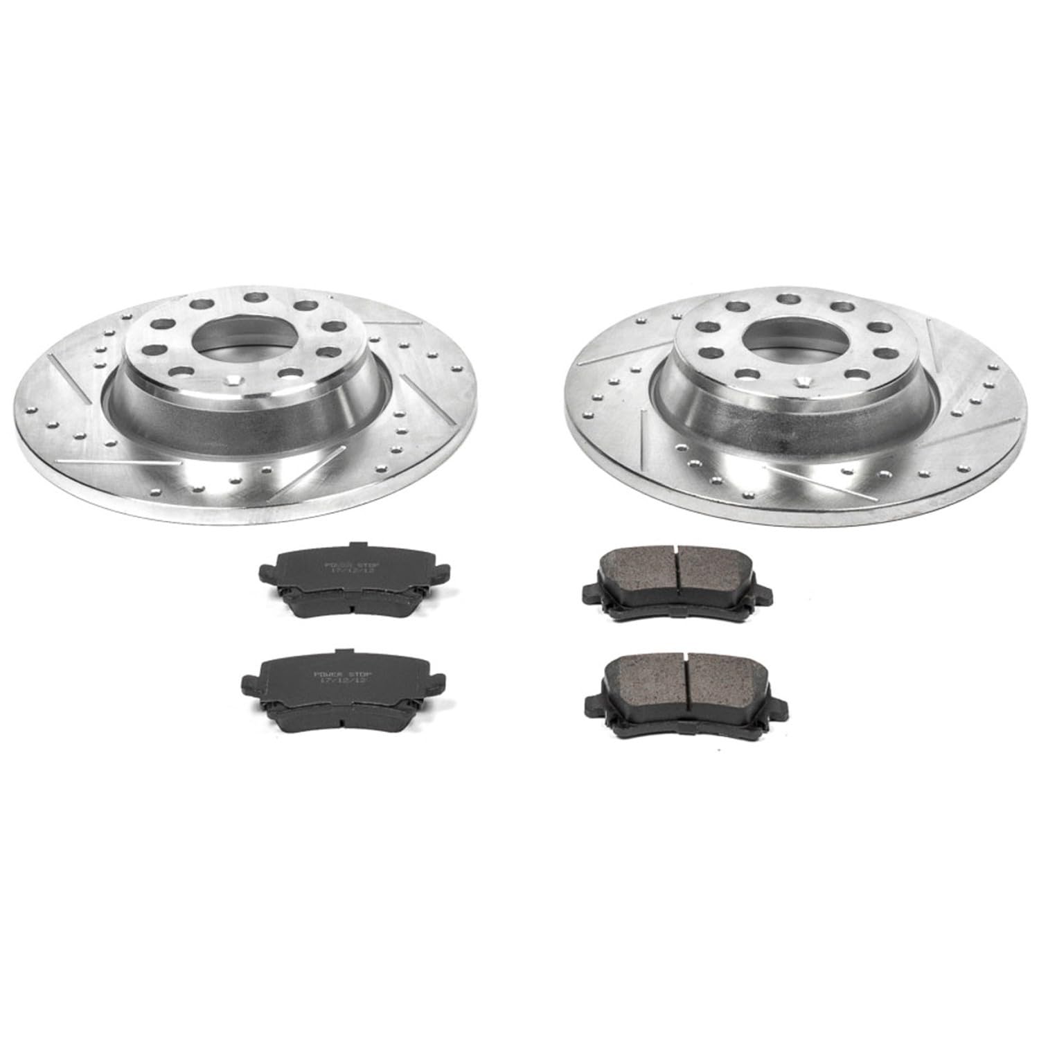 Power Stop K2261 Z23 Carbon Fiber Brake Pads & Drilled Slotted Rotors Kit - Compatible with Audi A3/A3 Quattro, VW GTI/Jetta/Passat/Tiguan | High-Performance Braking for Daily Commuting & Sport Driving