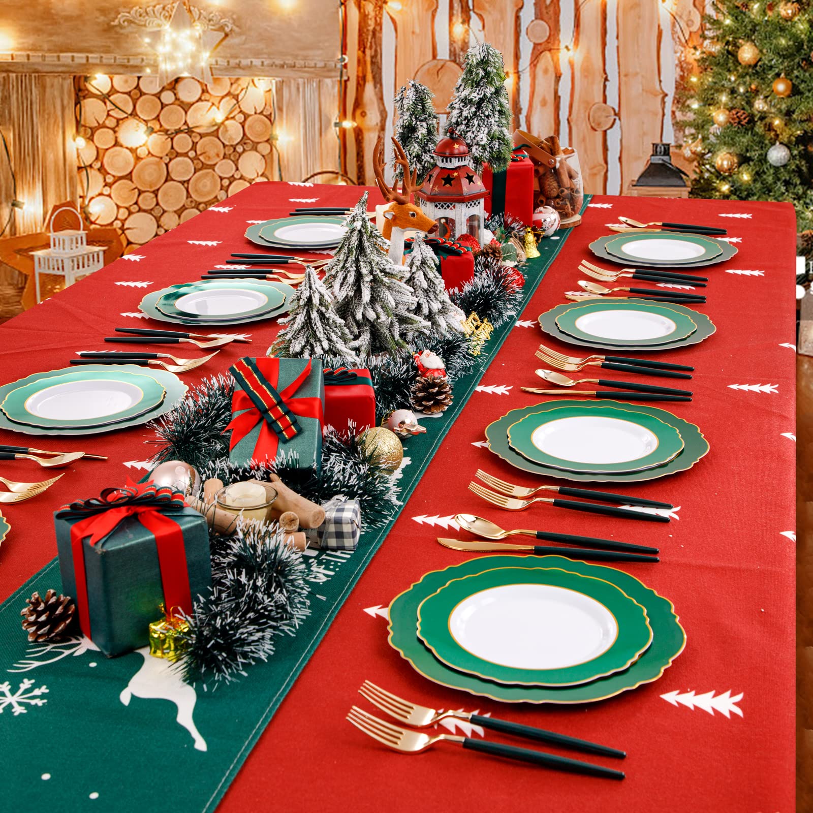 WDF 30-Pack Gold Christmas Plates Disposable with Green Handle - Elegant Baroque Plastic Dinnerware Set for Holiday Parties, Family Gatherings & Festive Celebrations