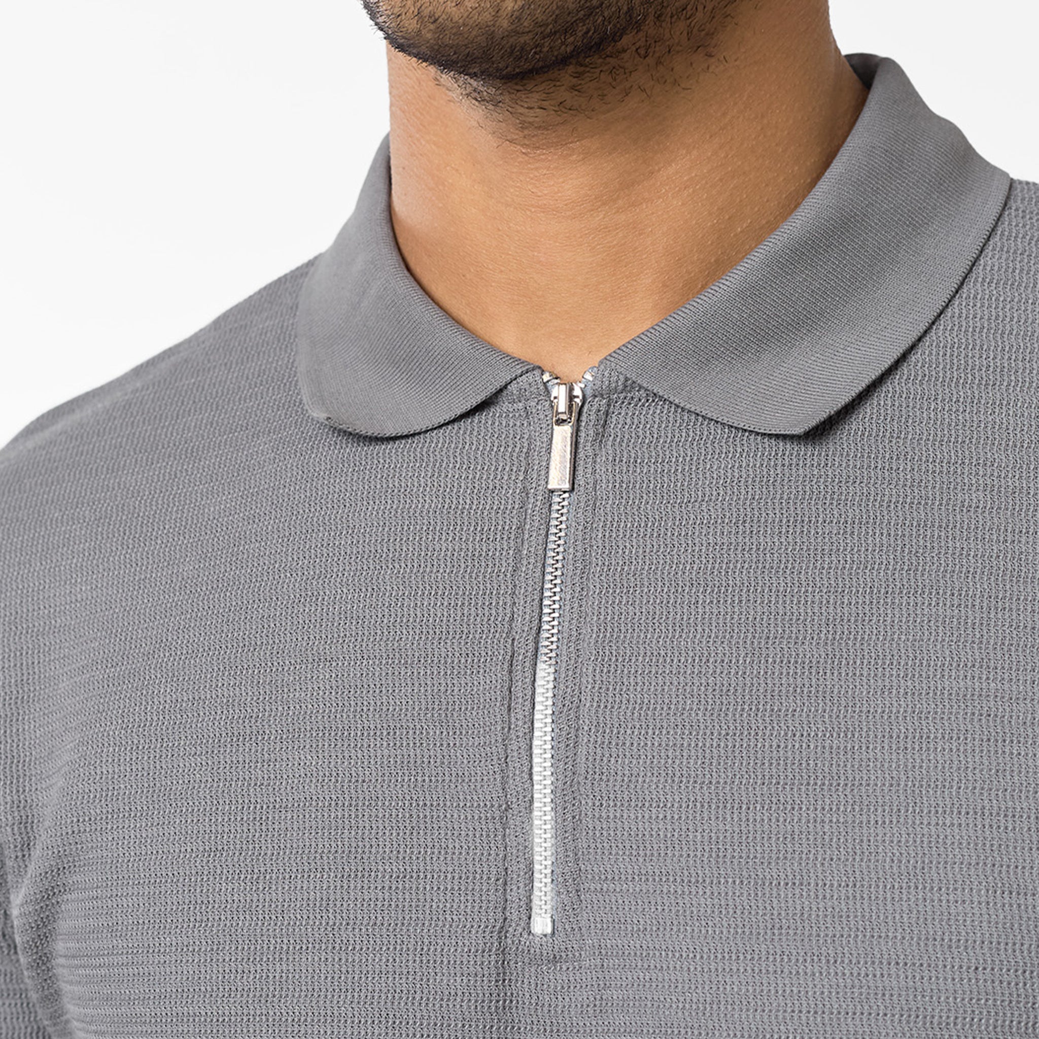 Men's Tonal Knit Zip Polo Shirt - Stylish Grey Casual Top for Business & Weekend Wear | Perfect for Office, Dates & Outdoor Activities