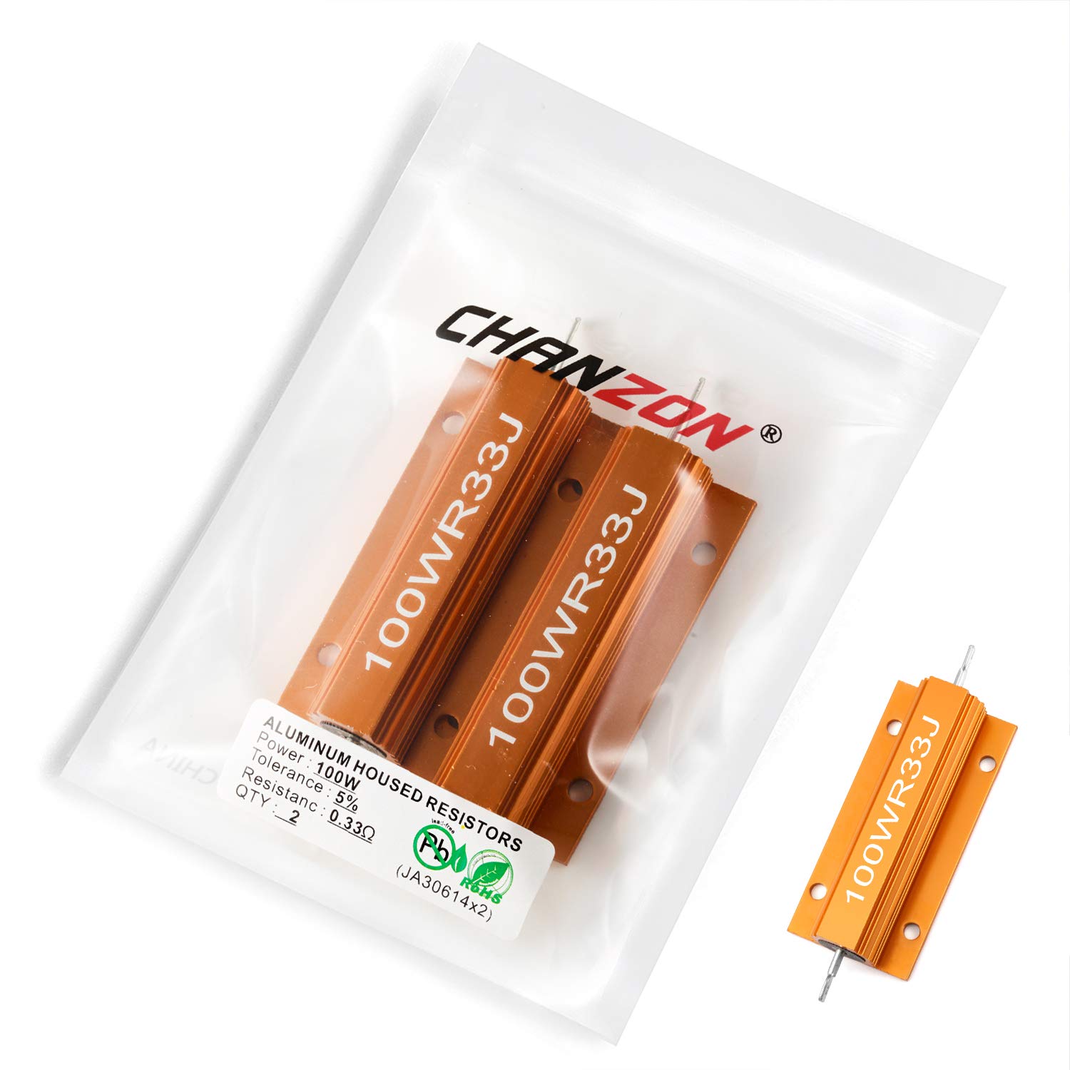 Chanzon 2pcs 100W Wirewound Aluminum Shell Resistor 0.33 Ohm ±5% Tolerance - High Power Resistor for Audio Amplifiers, Power Supplies & Industrial Equipment (Rohs Certified)