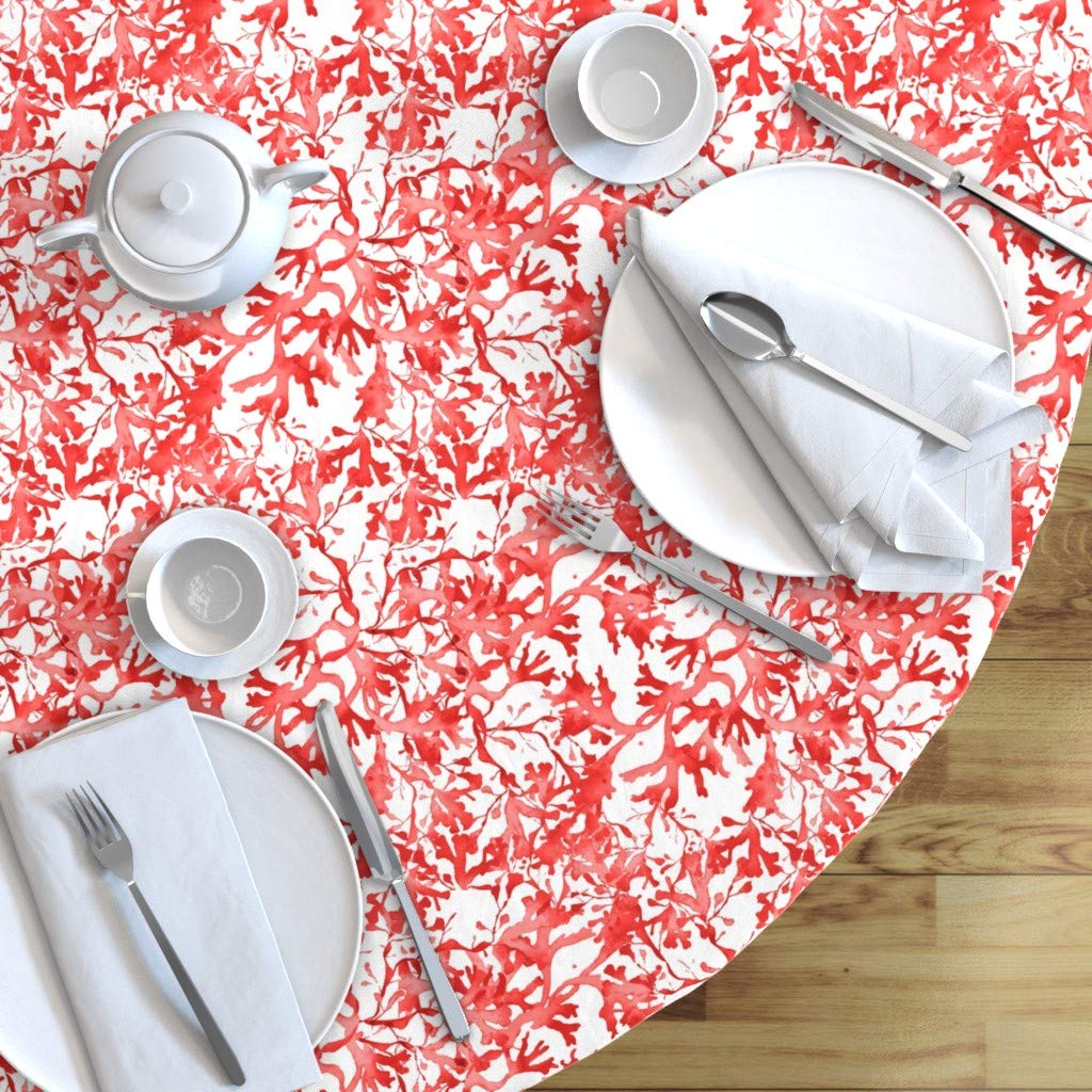 Custom Printed Spoonflower Cotton Sateen Tablecloth - 70 Inch Round Seaweed Coral Red Beach Reef Ocean Nautical Botanical Design | Perfect for Beach House Dining, Outdoor Parties & Coastal Decor