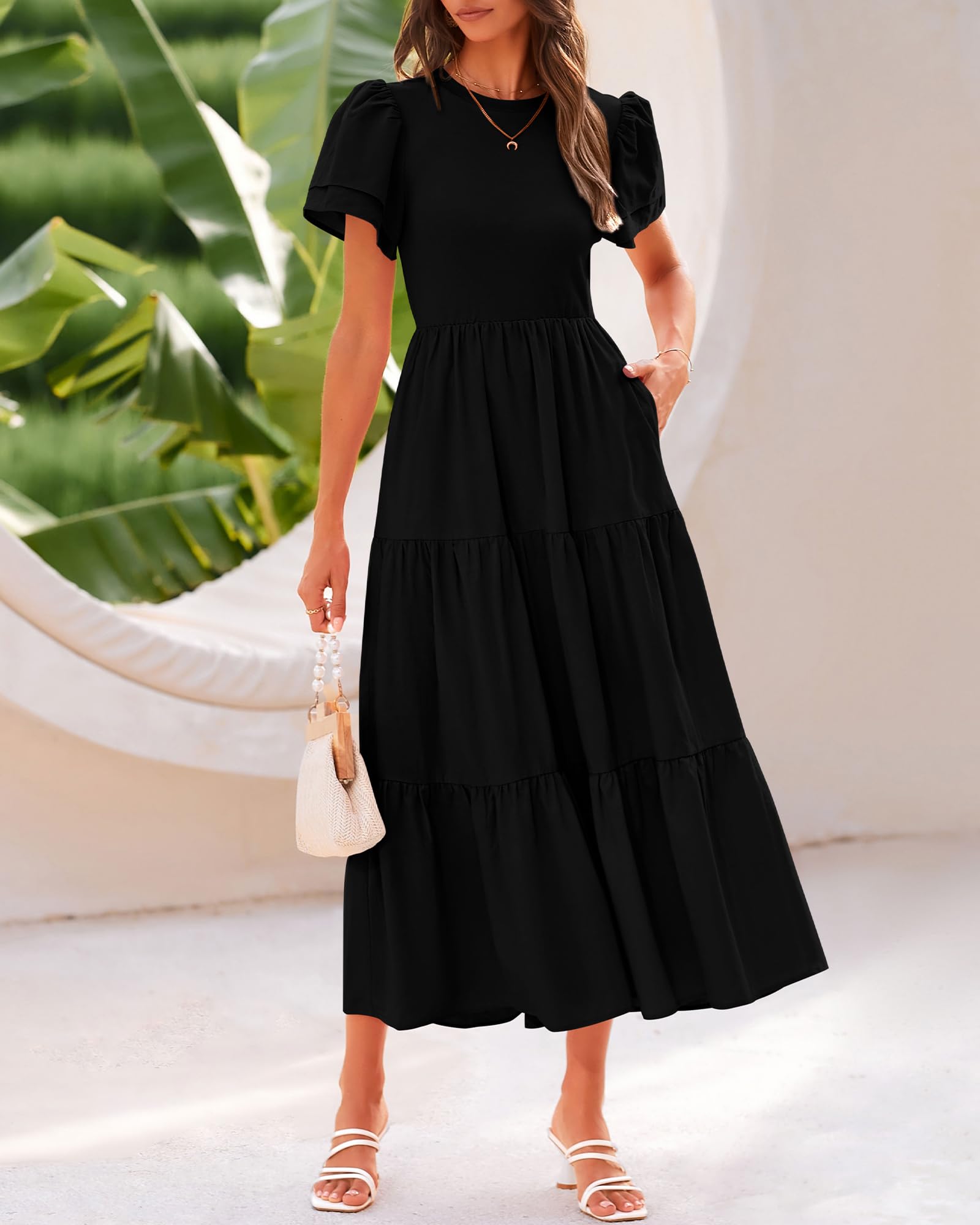 BTFBM Women's Casual Summer Dresses 2025 - Spring Crewneck Short Sleeve Tiered Flowy Boho Maxi Dress with Pockets for Beach Vacation, Travel & Outdoor Activities