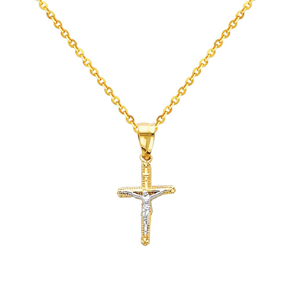 14K Two-Tone Gold Jesus Cross Pendant with 1.2mm Cable Chain Necklace - Religious Jewelry for Women & Men - Perfect for Baptism, Confirmation & Daily Faith Inspiration